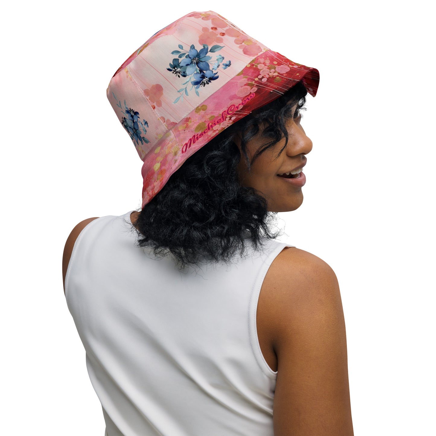 Reversible bucket hat - Red Pink Gold Roses and Blue Flowers Pattern