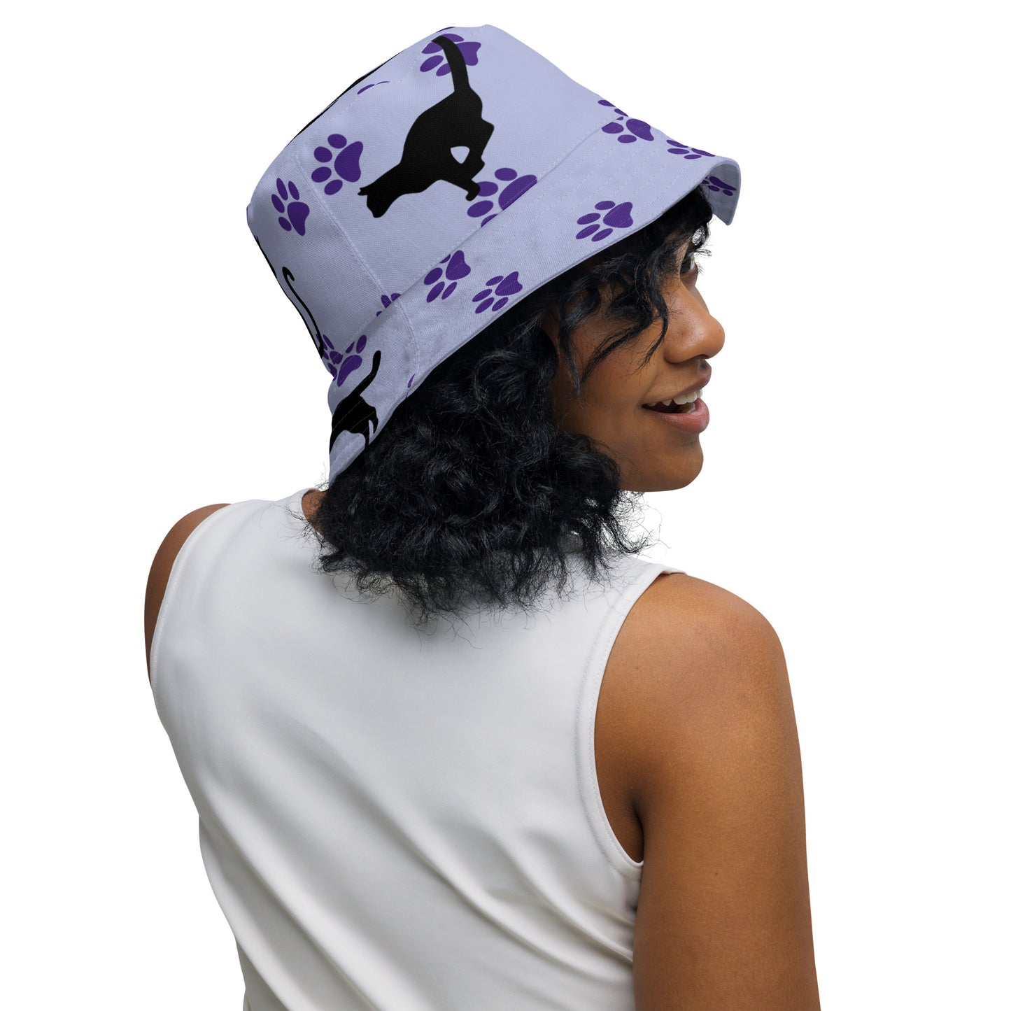 Reversible bucket hat - Cat Run - Black cat with Purple paw Prints on light purple hat