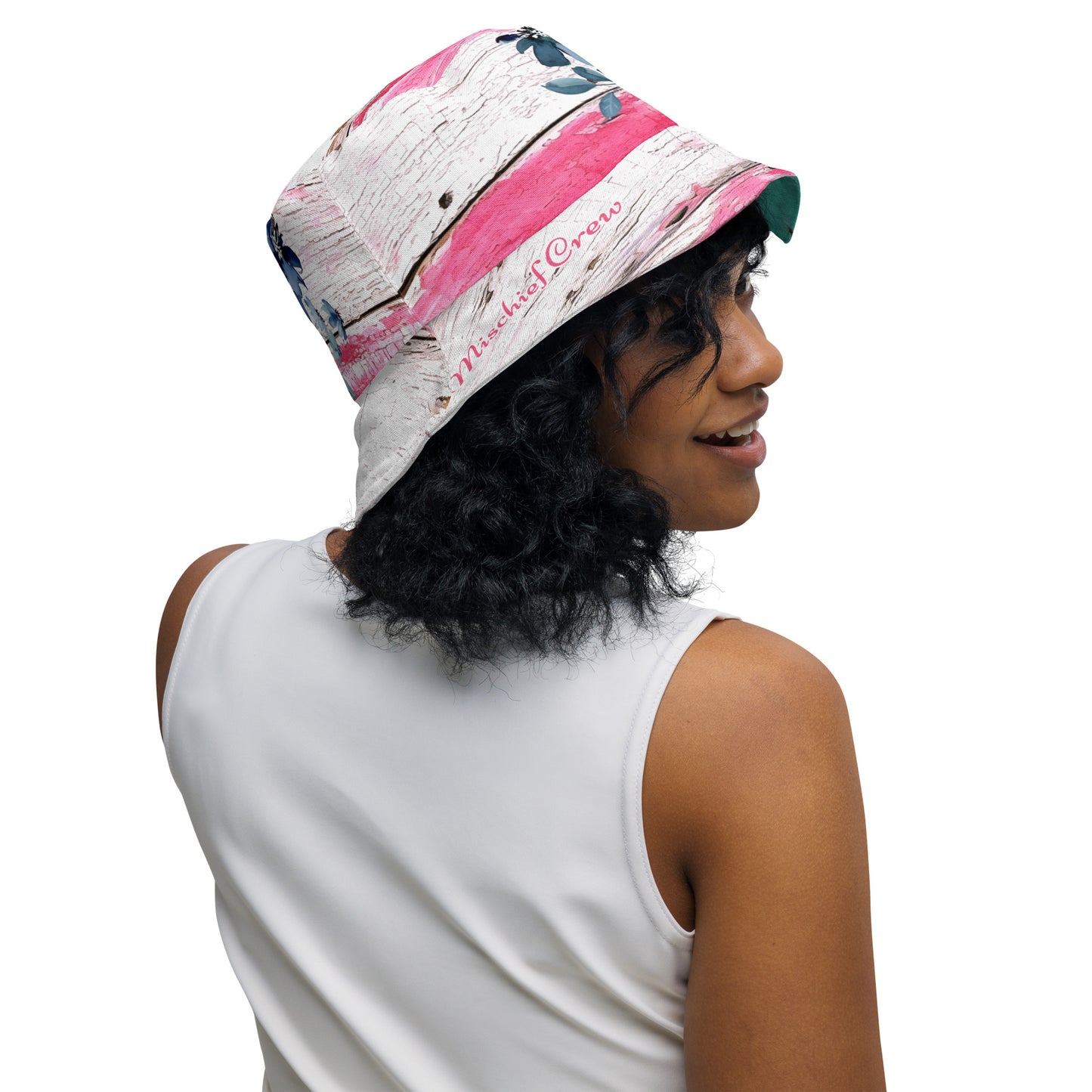 Reversible bucket hat - Pink and White Wood with Blue Flower/ Green Wood with Colorful Flowers