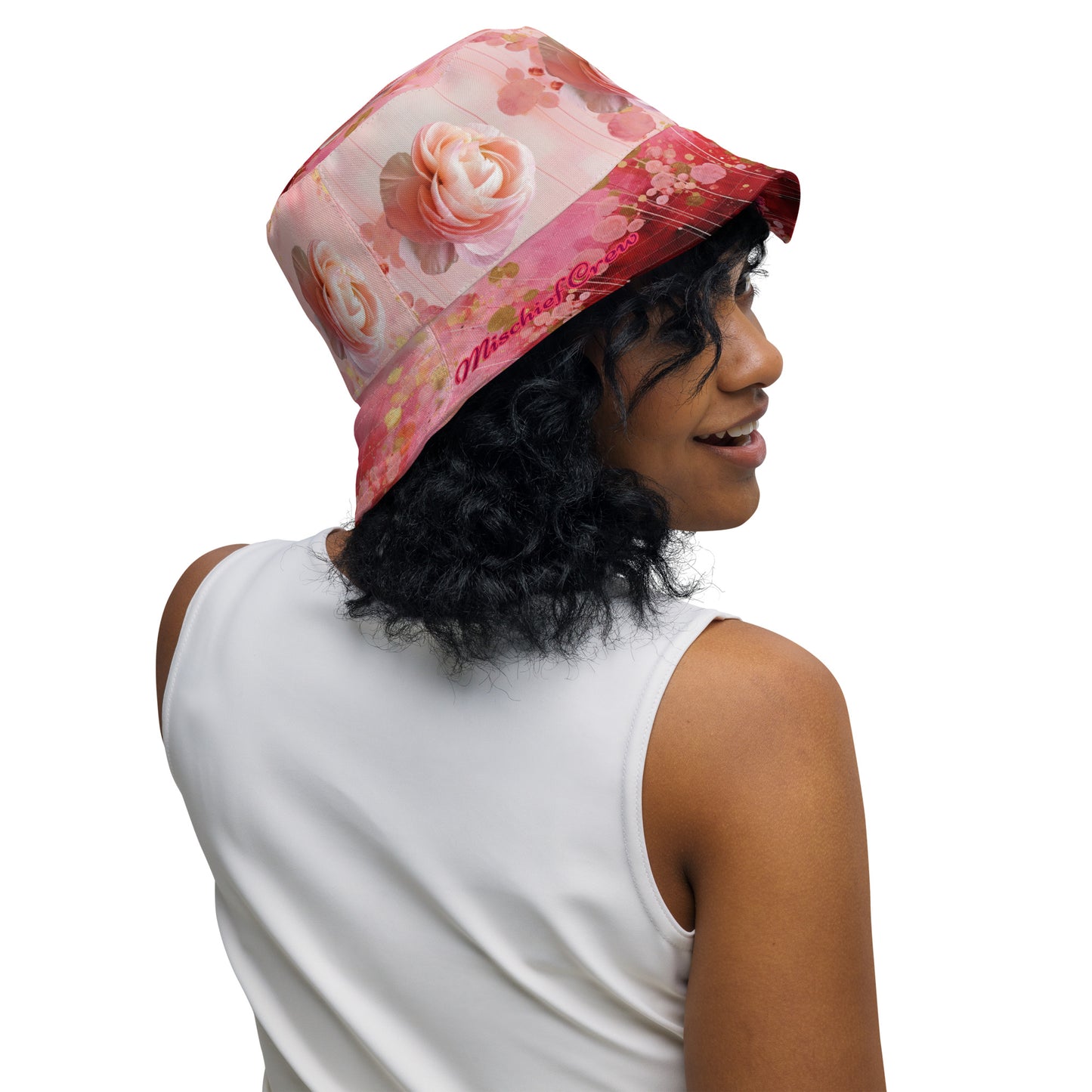 Reversible bucket hat - Red Pink Gold Roses and Blue Flowers Pattern