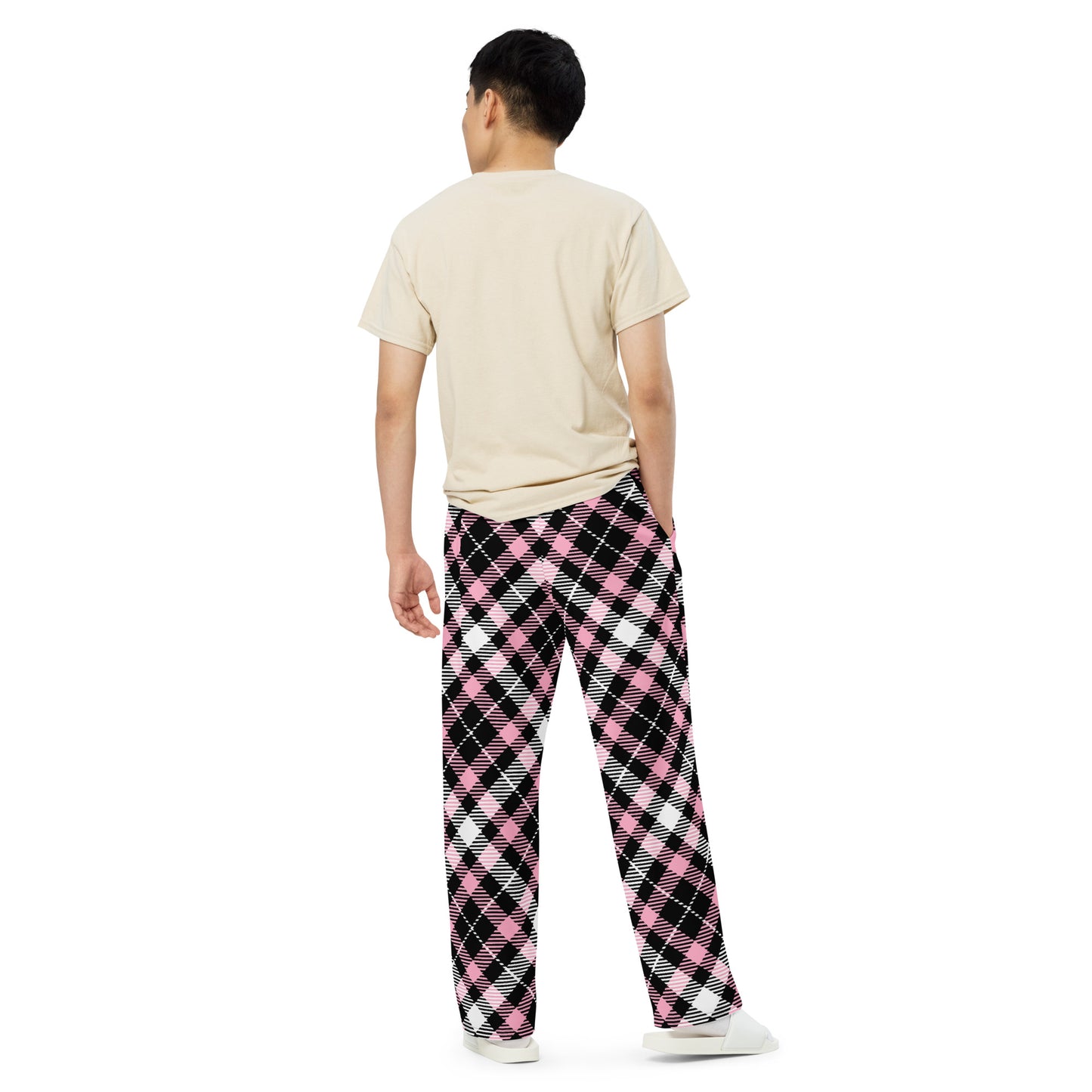 Unisex wide-leg pants - Pink Black White Plaid