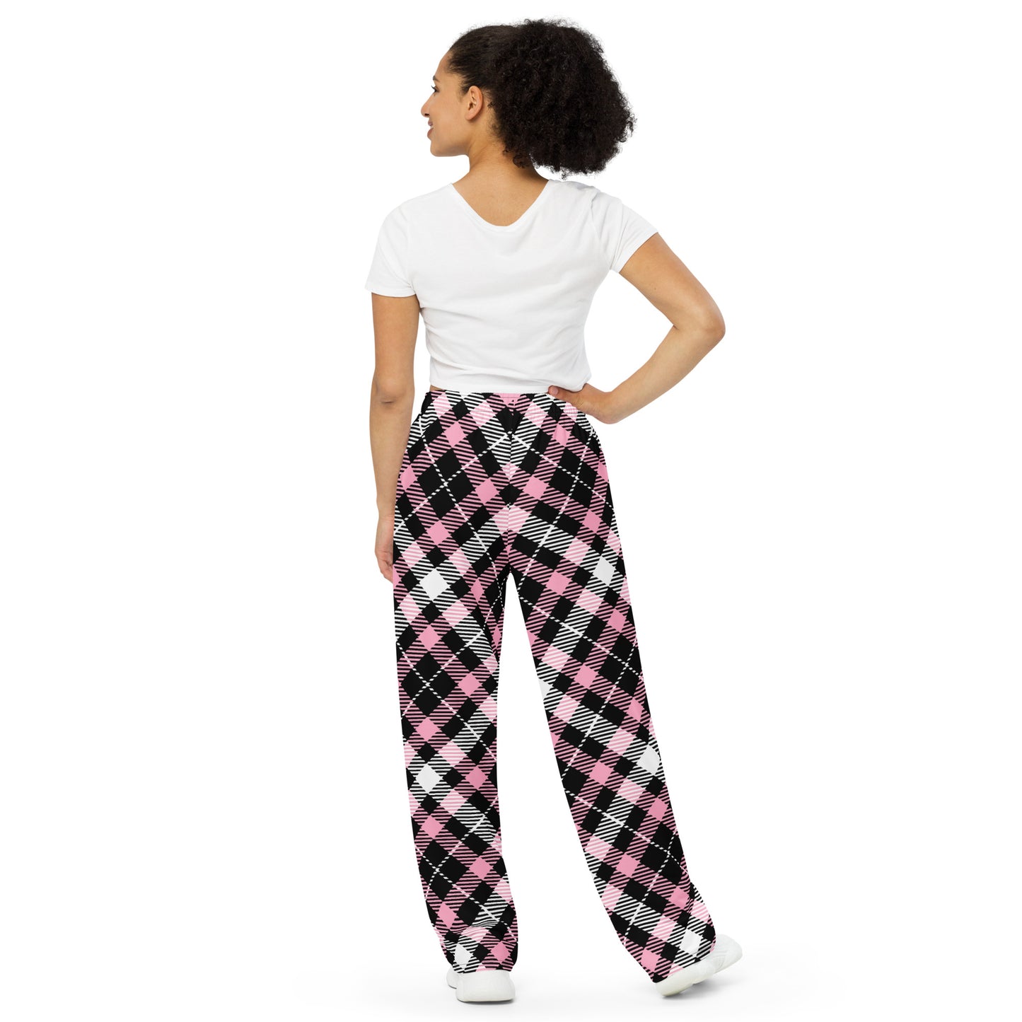 Unisex wide-leg pants - Pink Black White Plaid