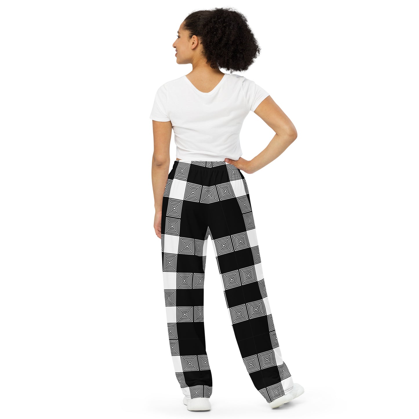 Unisex wide-leg pants - Black White Plaid