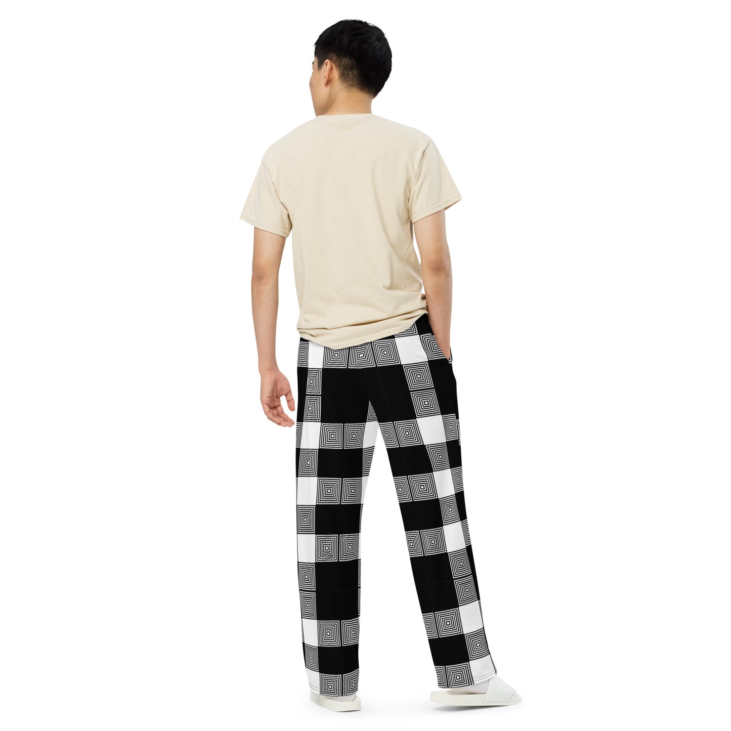 Unisex wide-leg pants - Black White Plaid