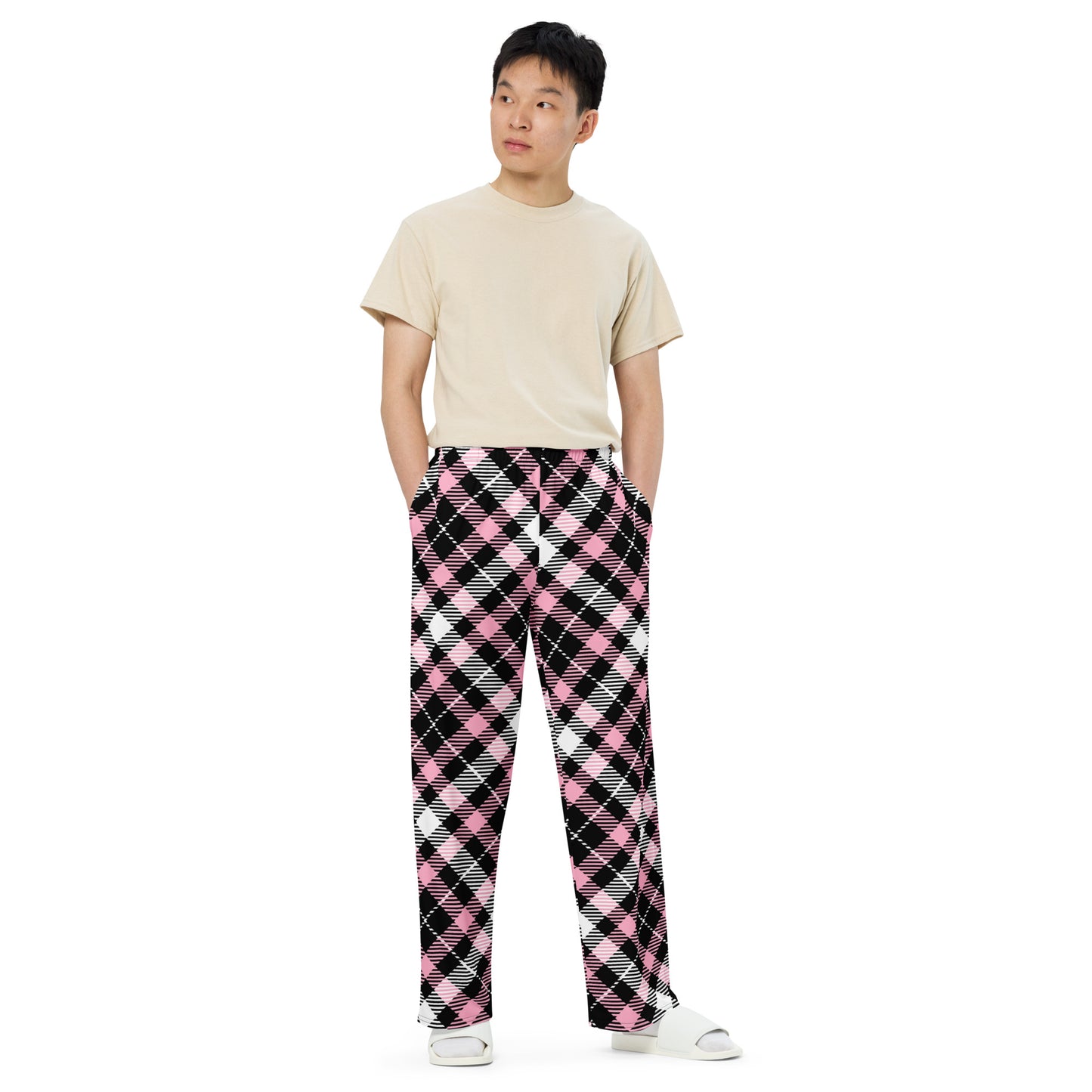 Unisex wide-leg pants - Pink Black White Plaid