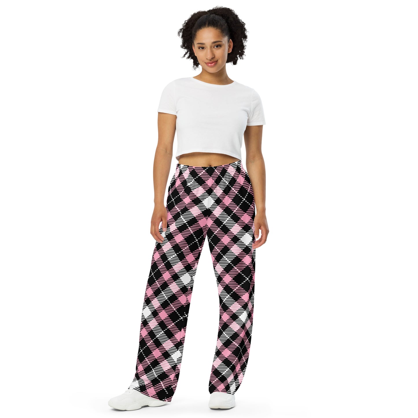 Unisex wide-leg pants - Pink Black White Plaid