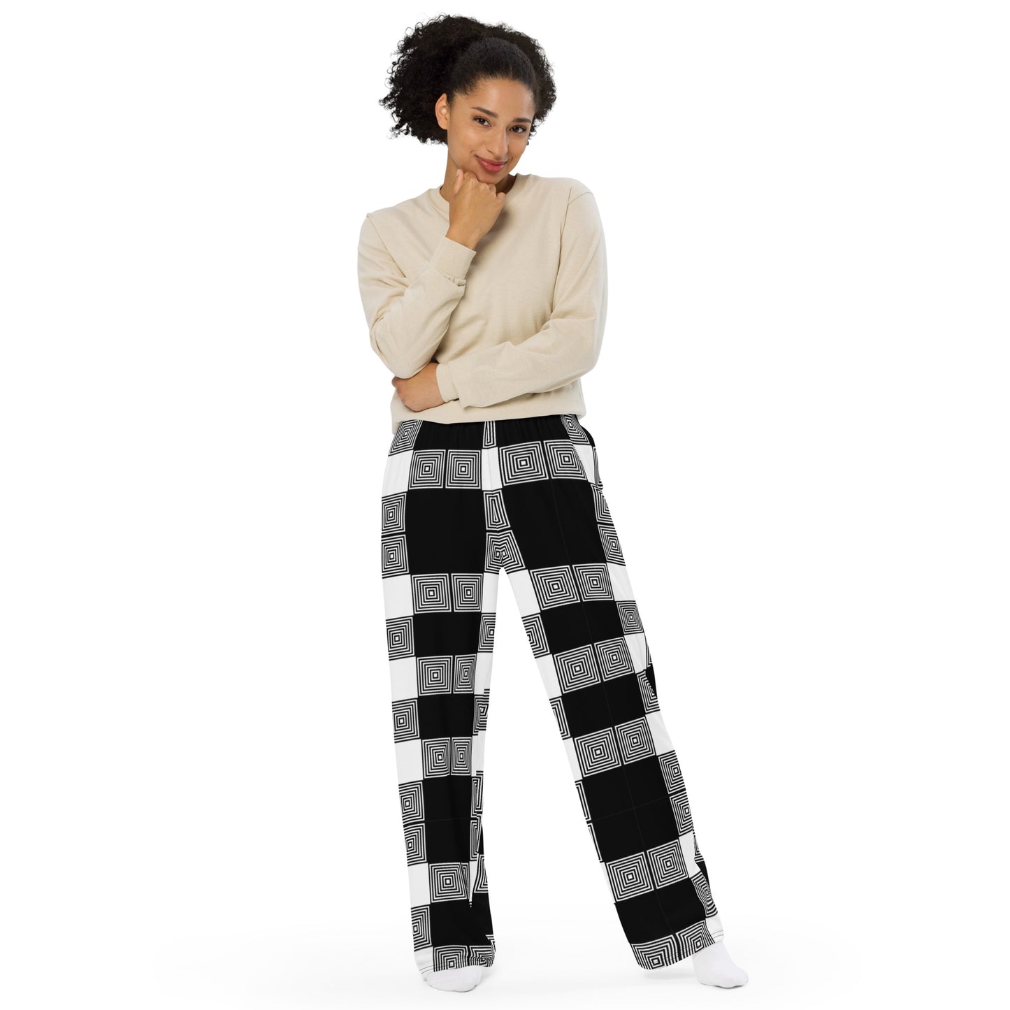 Unisex wide-leg pants - Black White Plaid