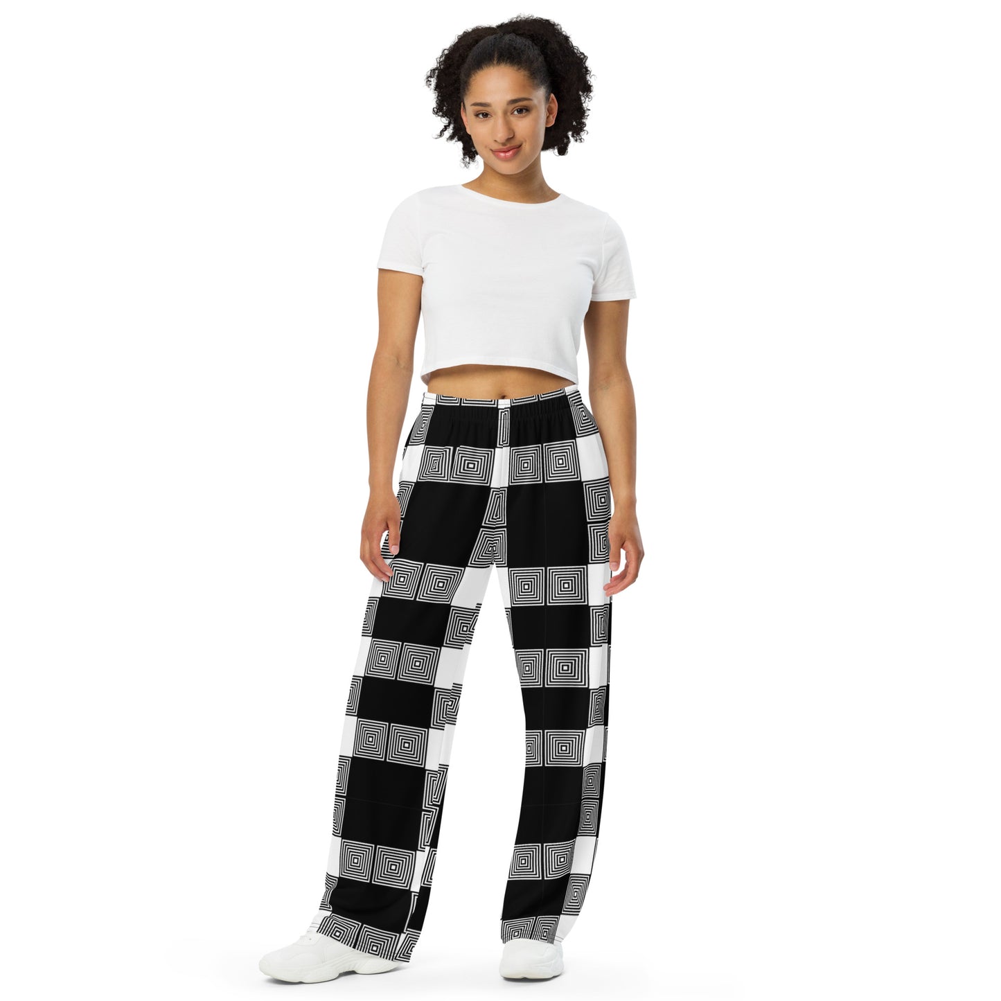 Unisex wide-leg pants - Black White Plaid