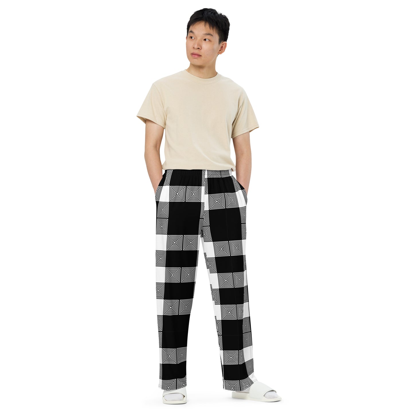 Unisex wide-leg pants - Black White Plaid