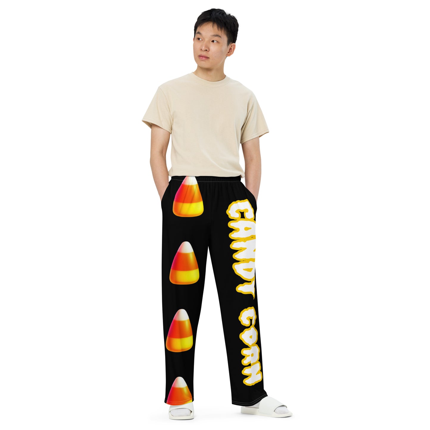 Festive Candy Corn Unisex Pants - Halloween Style!, Trendy Wide-Leg Candy Corn Pants for All Genders