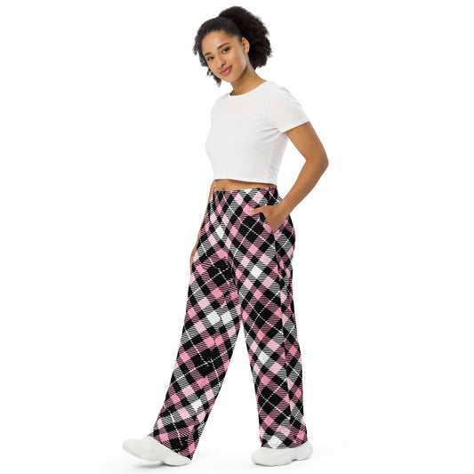 Unisex wide-leg pants - Pink Black White Plaid