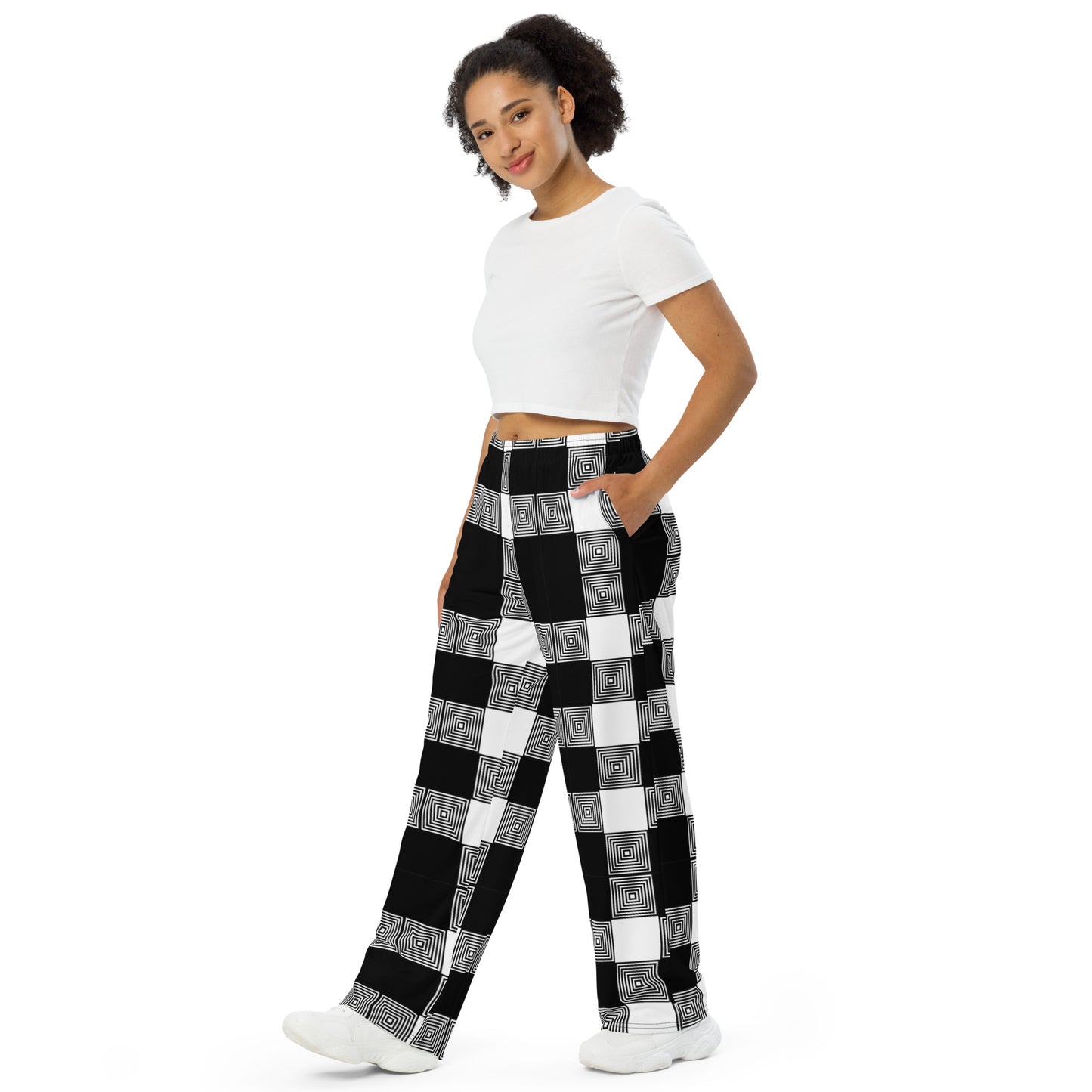 Unisex wide-leg pants - Black White Plaid