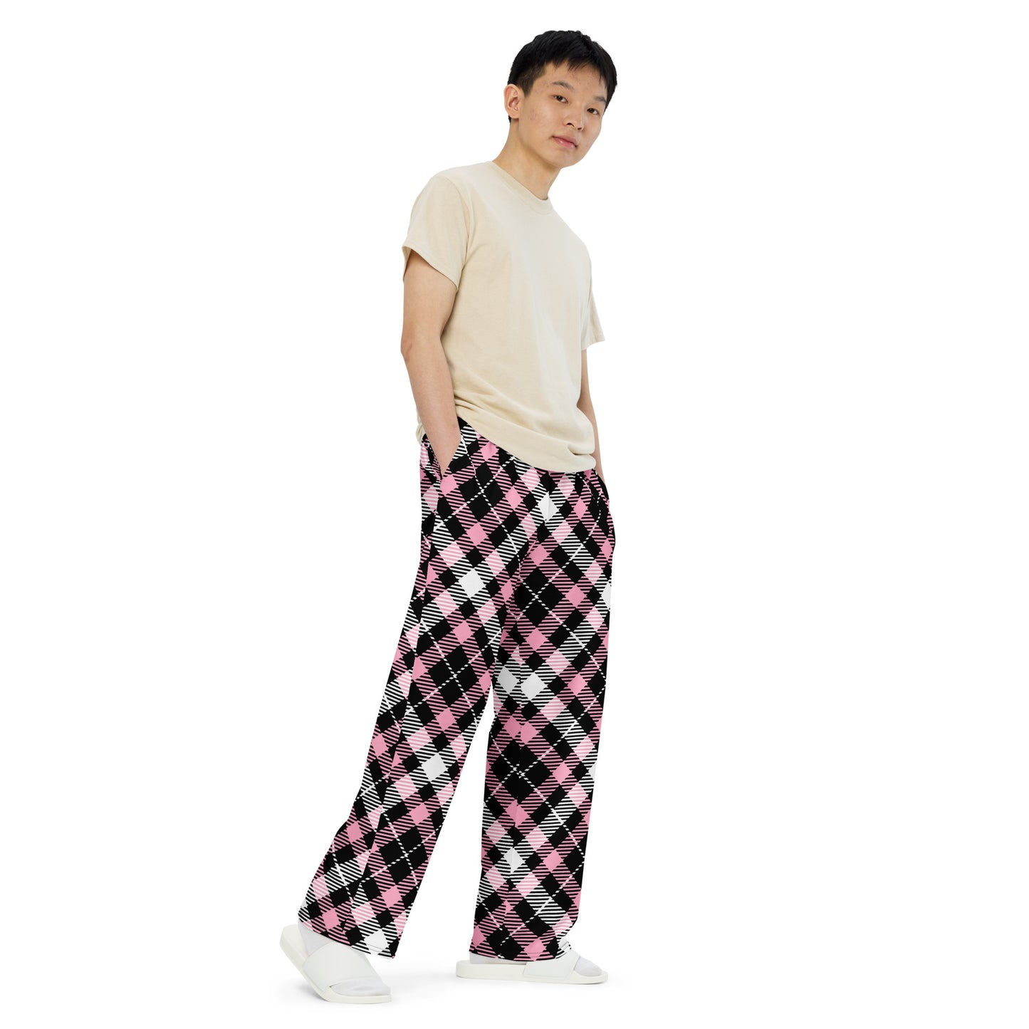 Unisex wide-leg pants - Pink Black White Plaid