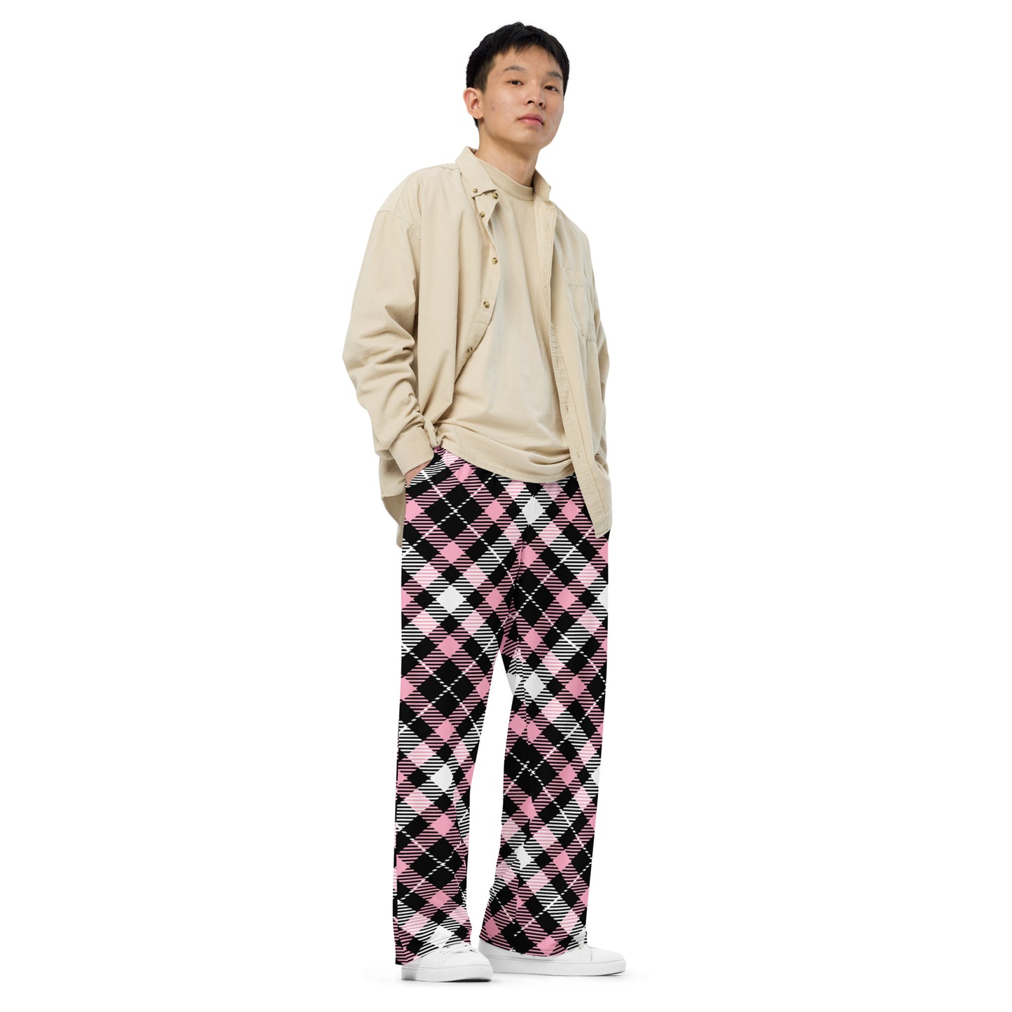 Unisex wide-leg pants - Pink Black White Plaid