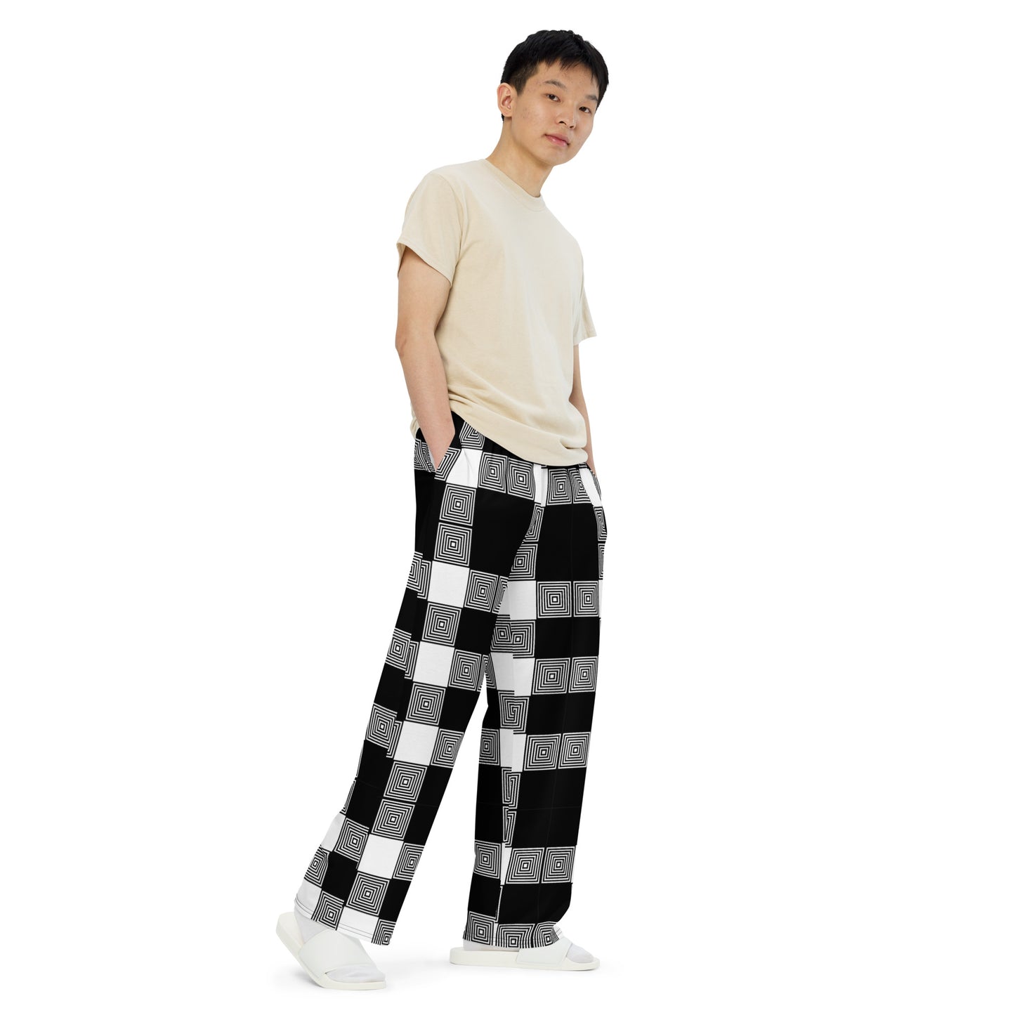 Unisex wide-leg pants - Black White Plaid