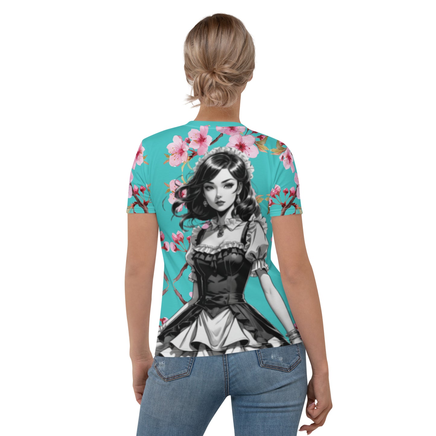 Women's T-shirt - Just a women who loves anime - Beautiful Maid with Dark Turquoise with cherry blossoms background