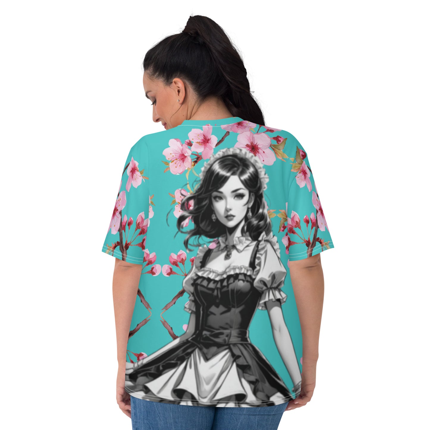 Women's T-shirt - Just a women who loves anime - Beautiful Maid with Dark Turquoise with cherry blossoms background