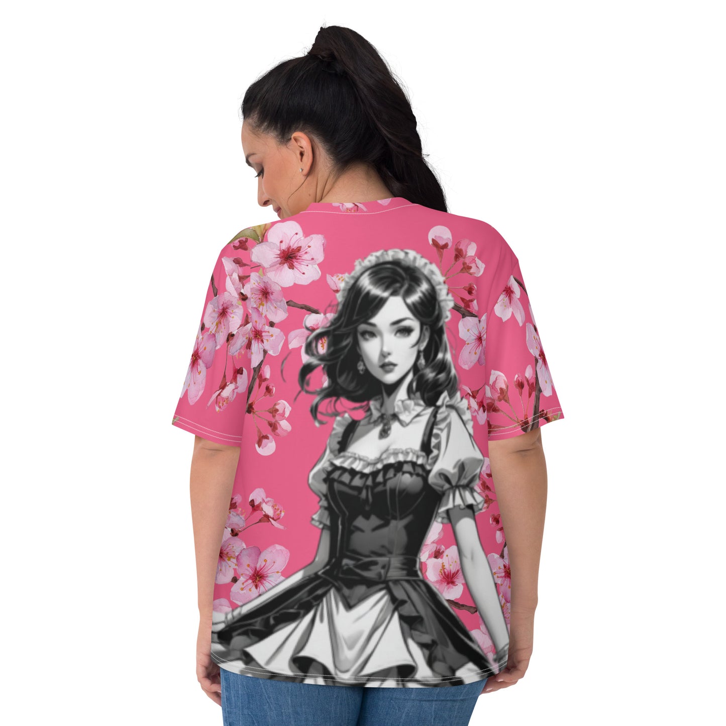 Women's T-shirt - Just a women who loves anime - Beautiful Maid with Brink Pink with cherry blossoms background