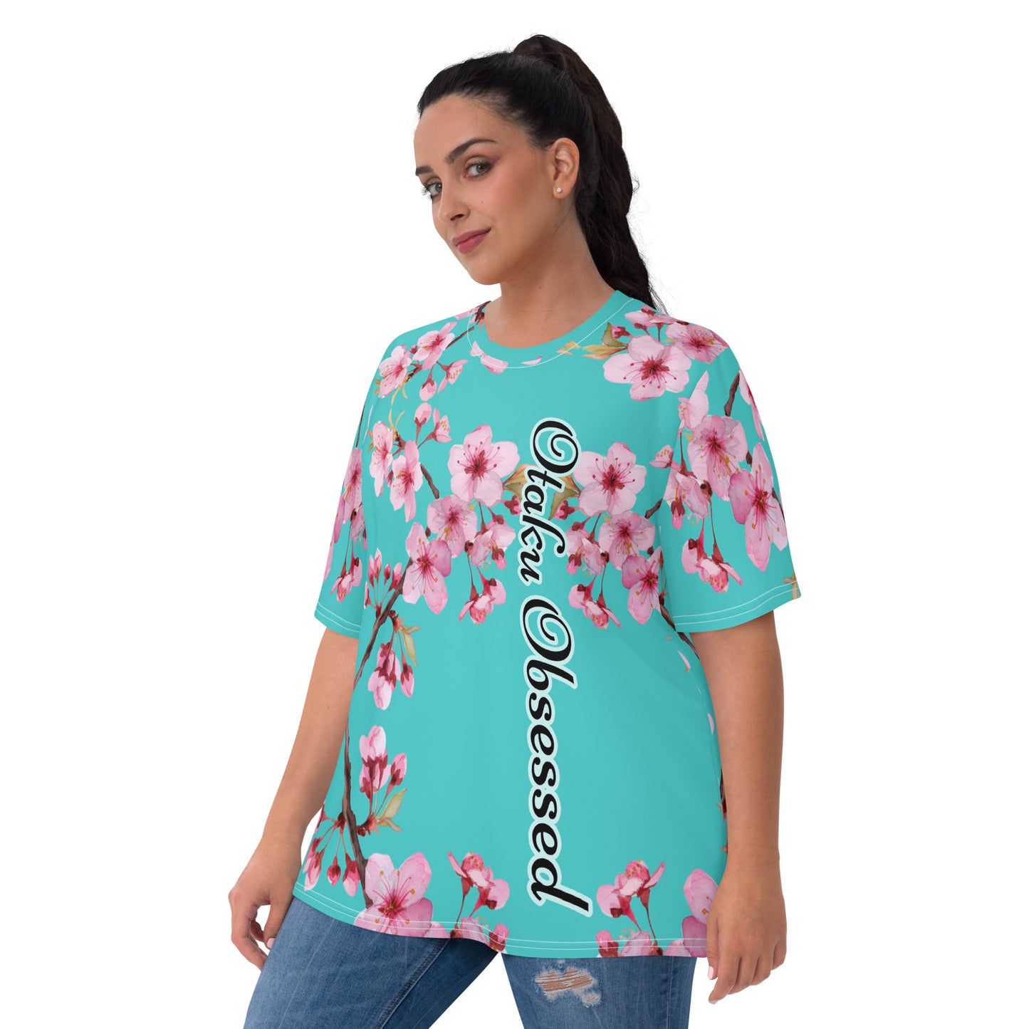 Women's T-shirt - Just a women who loves anime - Beautiful Maid with Dark Turquoise with cherry blossoms background