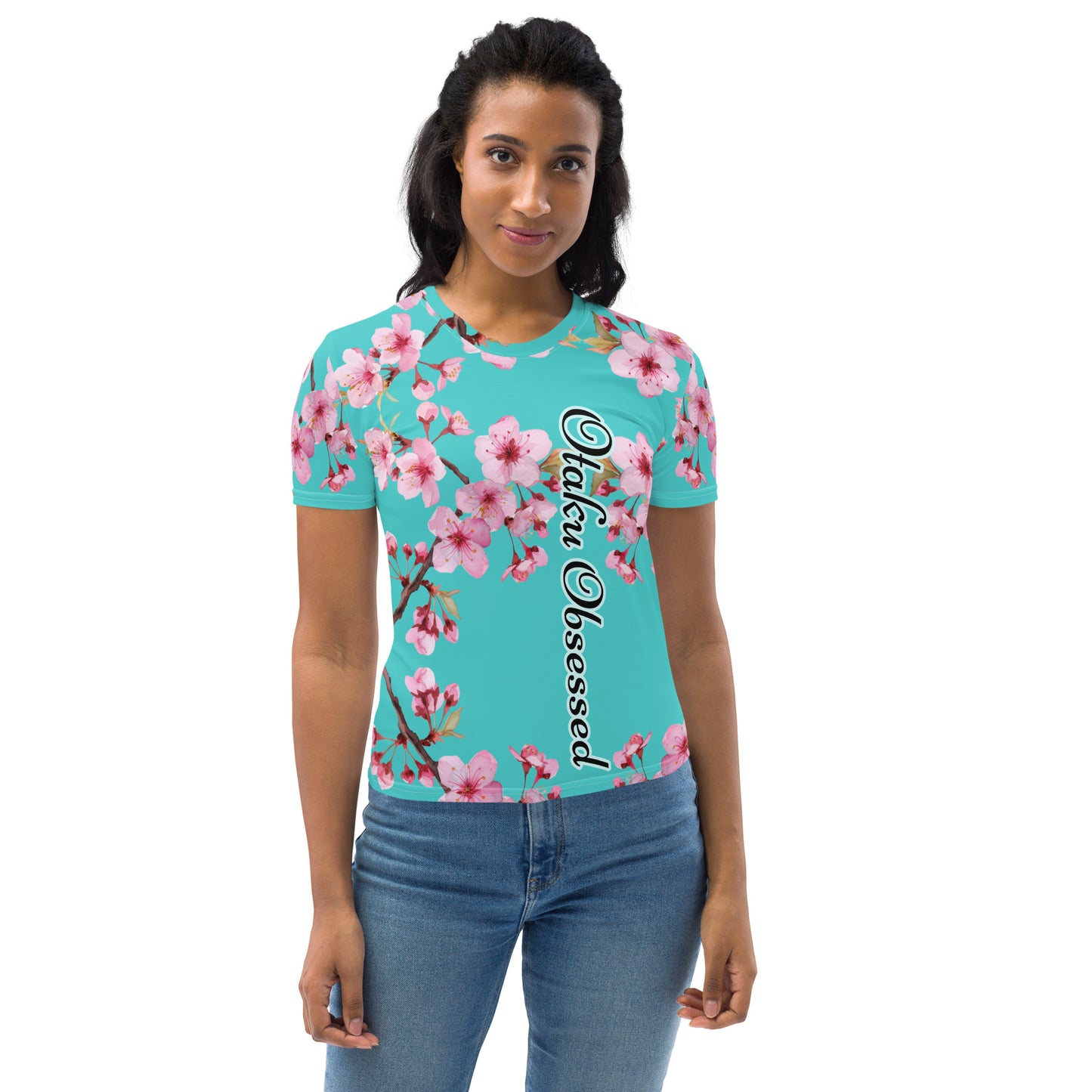 Women's T-shirt - Just a women who loves anime - Beautiful Maid with Dark Turquoise with cherry blossoms background