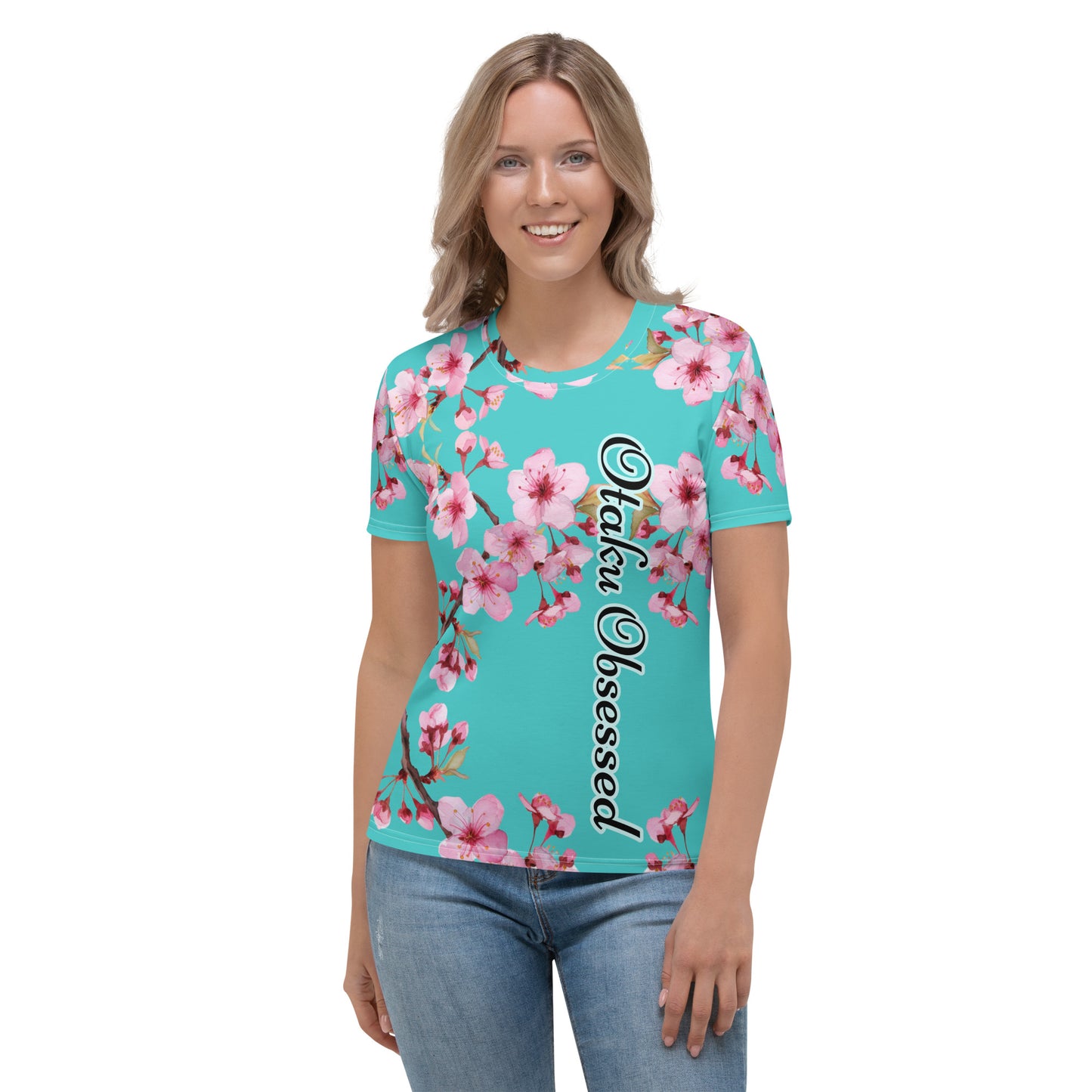 Women's T-shirt - Just a women who loves anime - Beautiful Maid with Dark Turquoise with cherry blossoms background