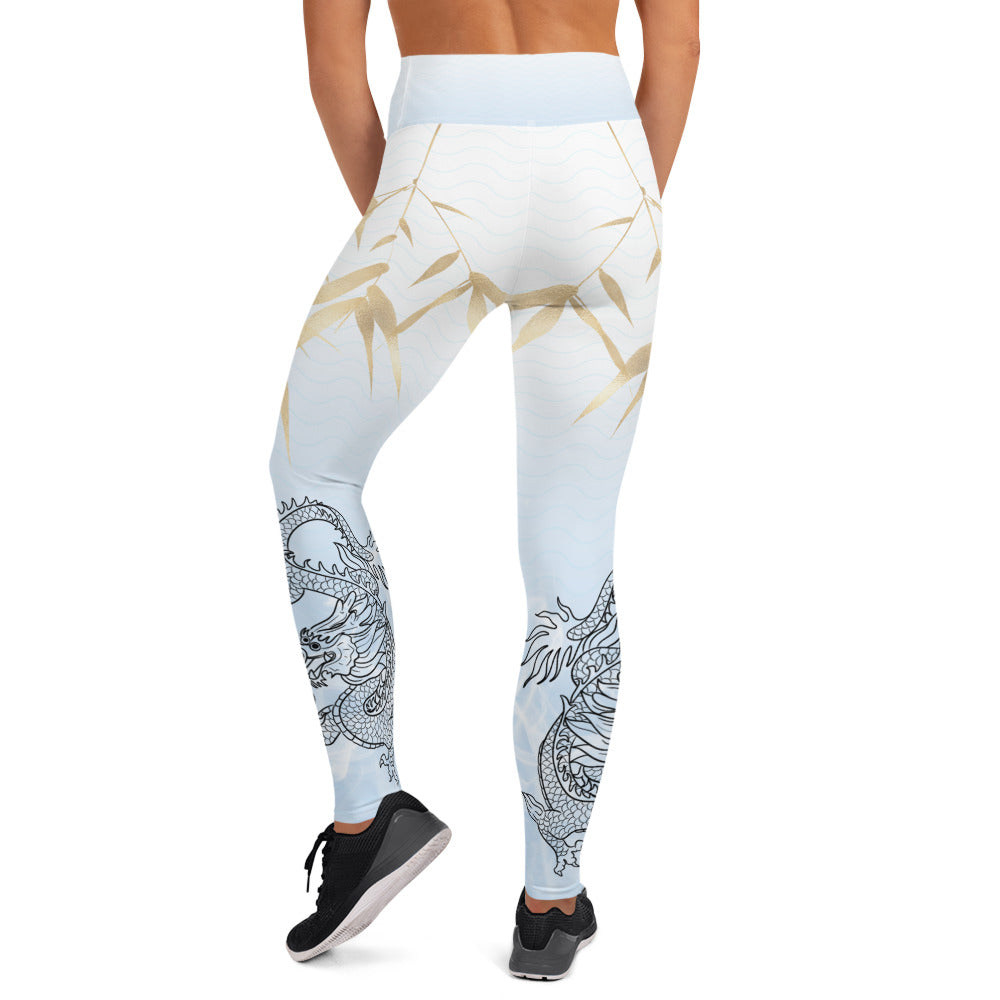 Yoga Leggings - Dragon, White Smoke, Gold Leaf, Gradient 1 Background