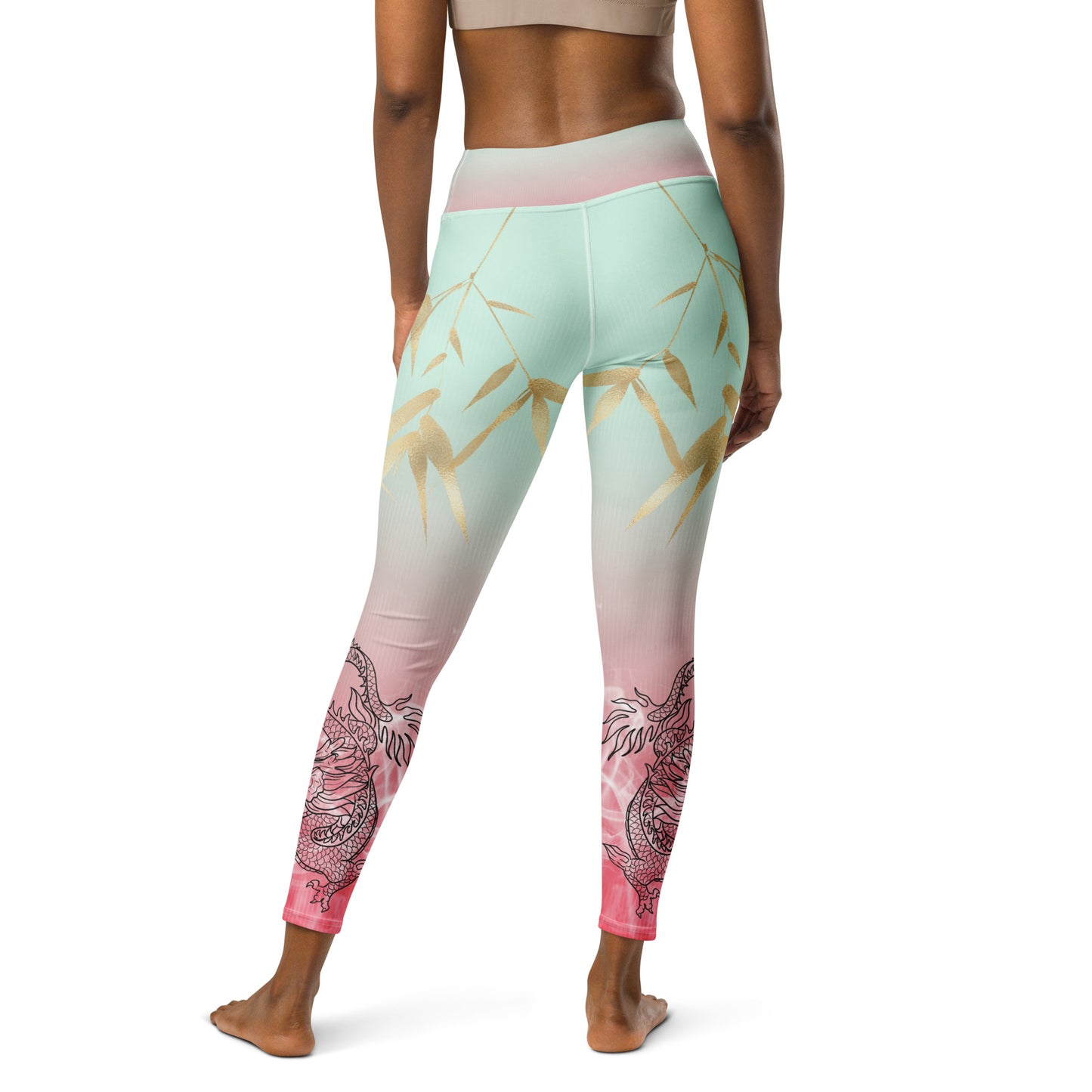 Yoga Leggings - Dragon, White Smoke, Gold Leaf, Gradient 3 Background