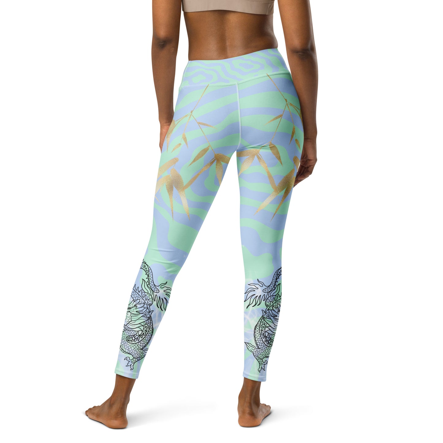 Yoga Leggings - Dragon, White Smoke, Gold Leaf, Green and Blue Swirl Background