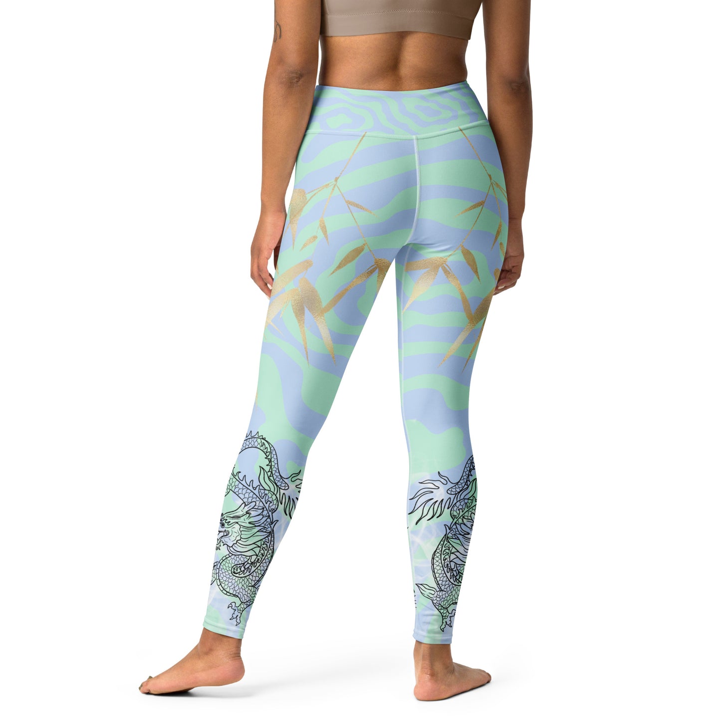 Yoga Leggings - Dragon, White Smoke, Gold Leaf, Green and Blue Swirl Background