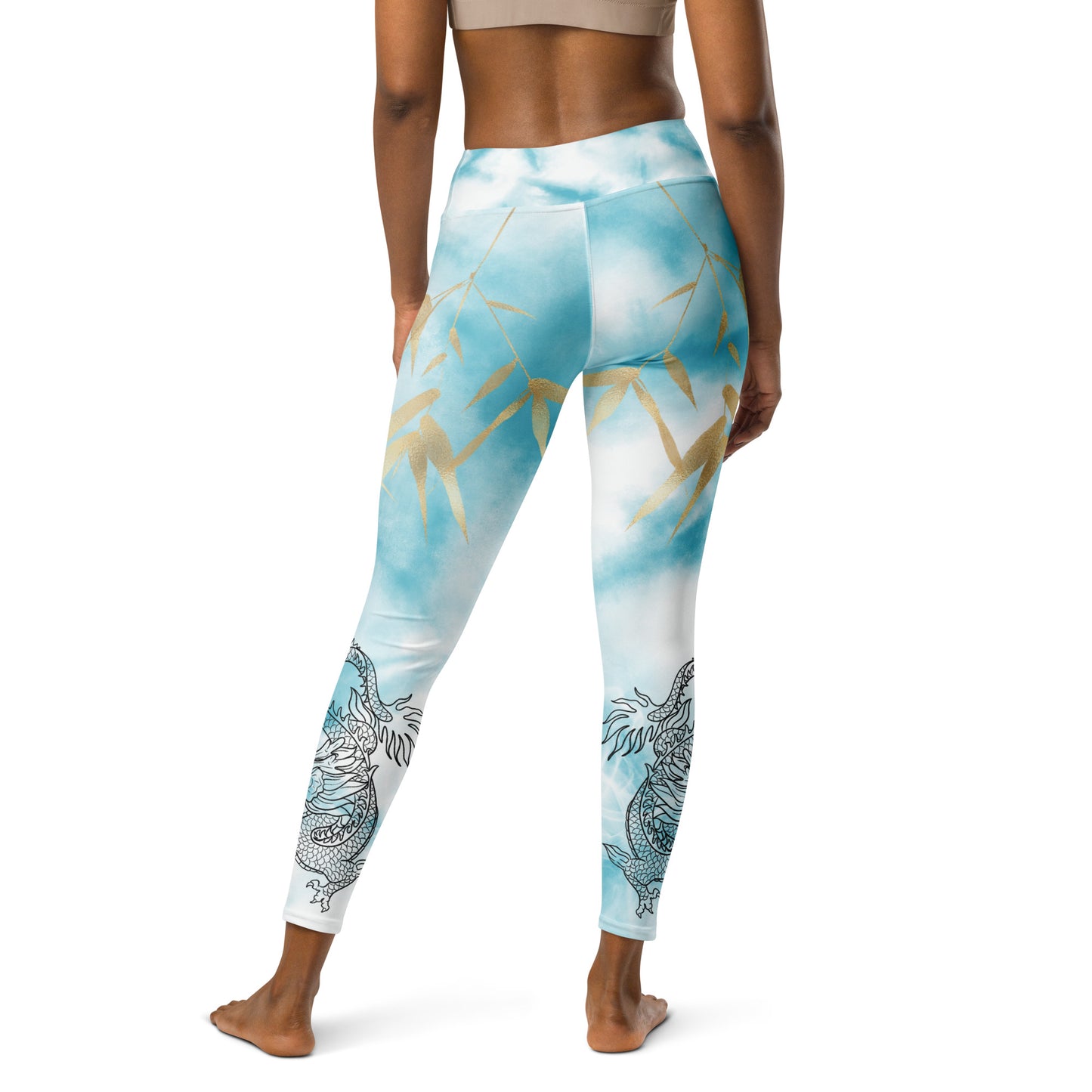 Yoga Leggings - Dragon, White Smoke, Gold Leaf, Light Blue Tie Dye Background