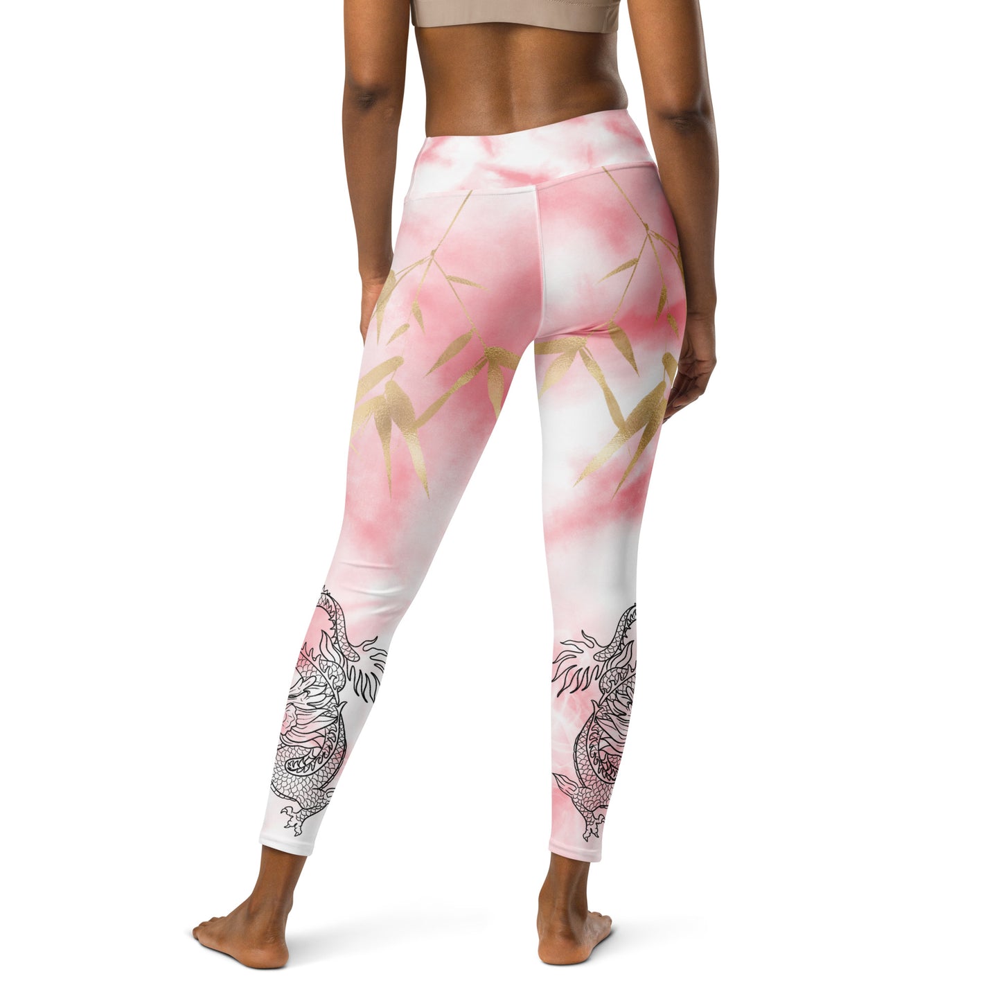 Yoga Leggings - Dragon, White Smoke, Gold Leaf, Pink Tie Dye Background