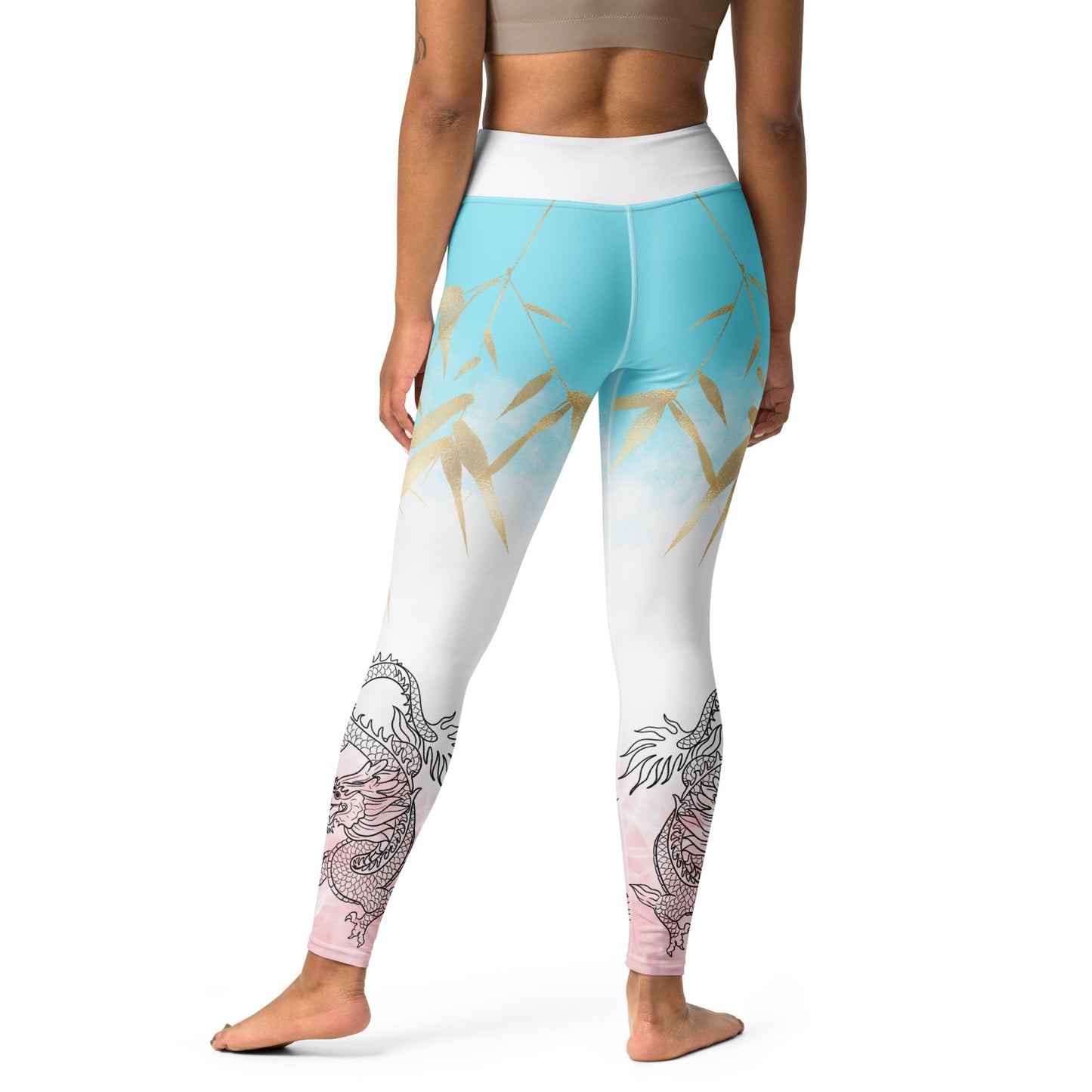 Yoga Leggings - Dragon, White Smoke, Gold Leaf, Pink and Blue Gradient Background