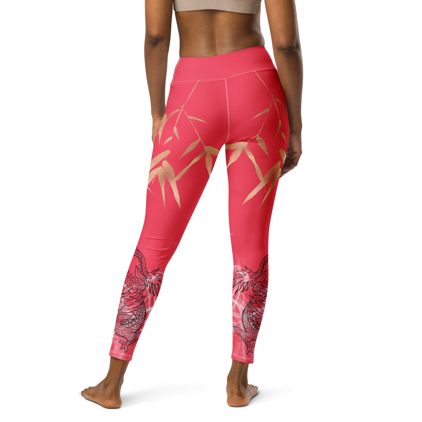 Yoga Leggings - Dragon, White Smoke, Gold Leaf, Radical Red Background