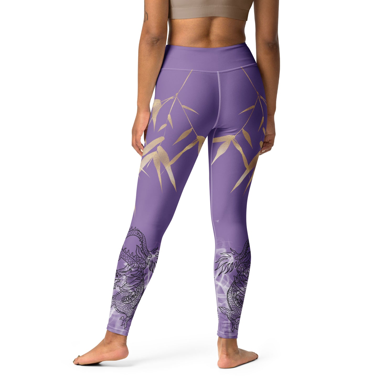 Yoga Leggings - Dragon, White Smoke, Gold Leaf, Ce Soir Purple Background