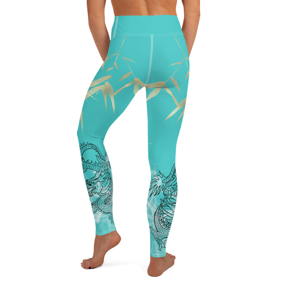 Yoga Leggings - Dragon, White Smoke, Gold Leaf, Dark Turquoise Background