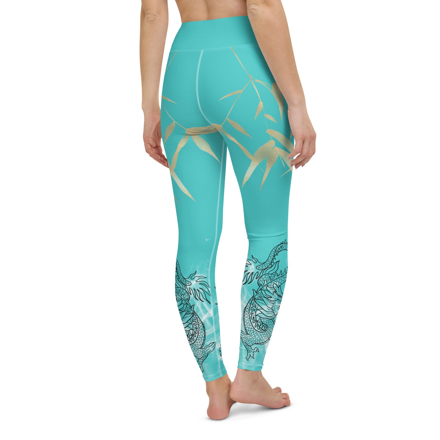 Yoga Leggings - Dragon, White Smoke, Gold Leaf, Dark Turquoise Background