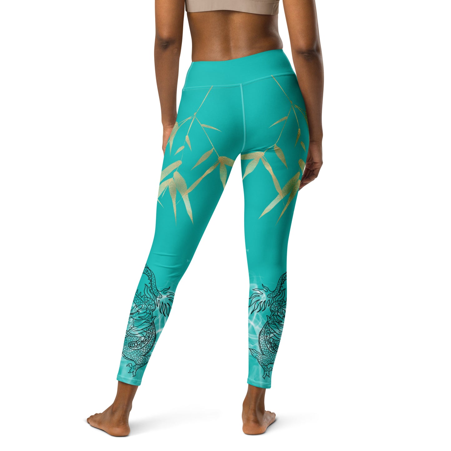 Yoga Leggings - Dragon, White Smoke, Gold Leaf, Iris Blue not Dark Turquoise Background