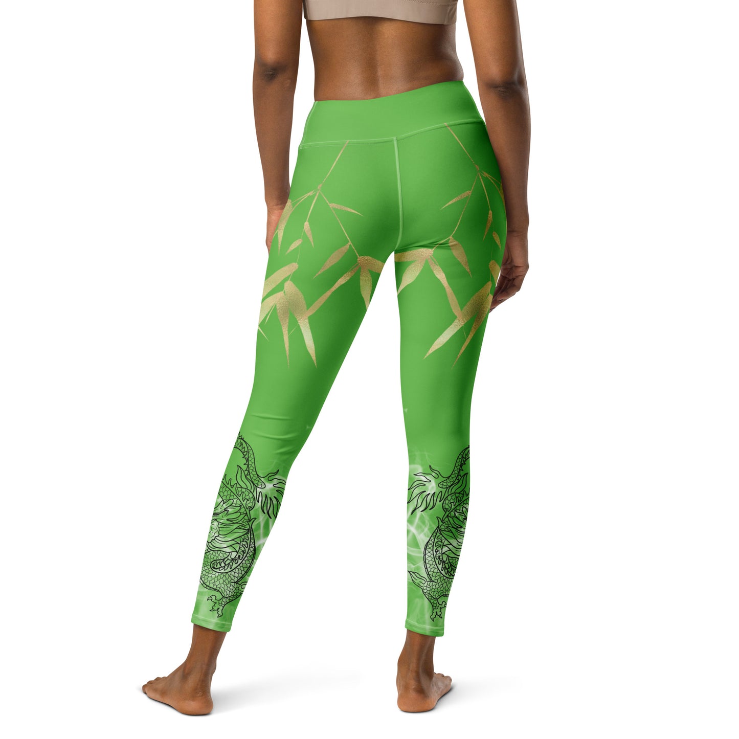 Yoga Leggings - Dragon, White Smoke, Gold Leaf, Kelly Green Background