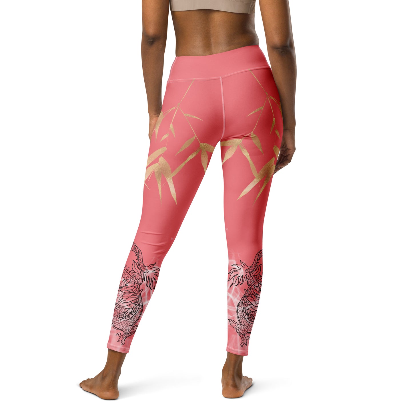 Yoga Leggings - Dragon, White Smoke, Gold Leaf, Froly Pink Peach Background