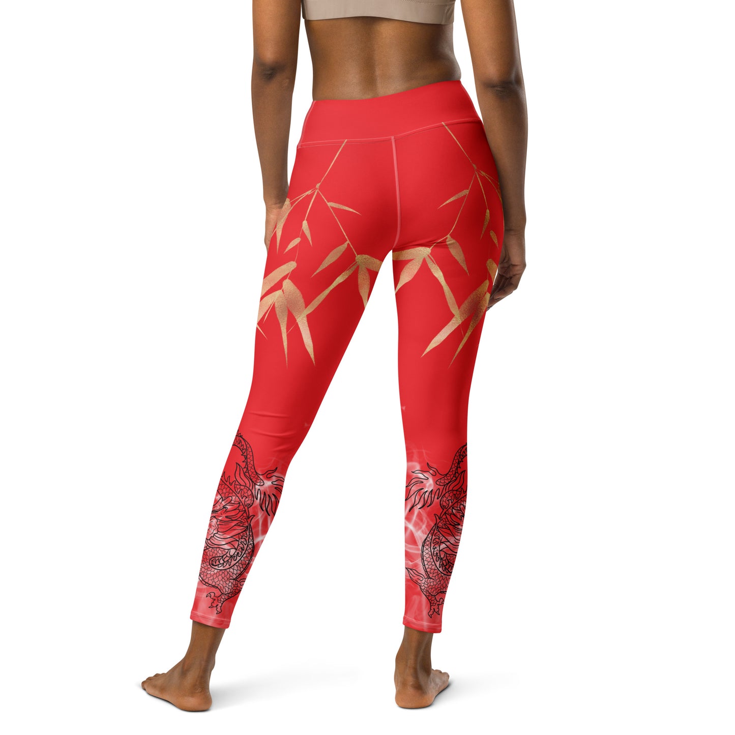 Yoga Leggings - Dragon, White Smoke, Gold Leaf, Alizarin Red Background