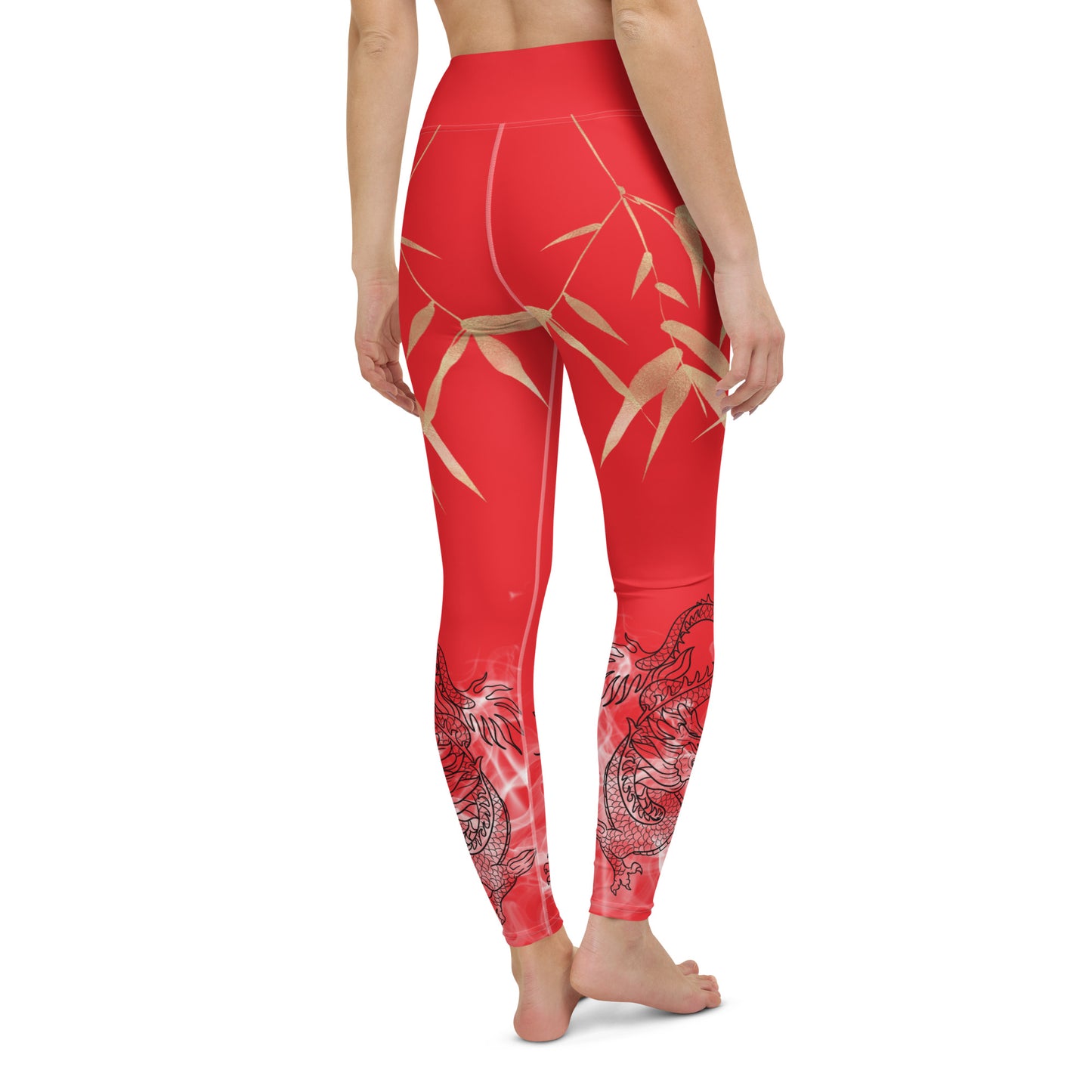 Yoga Leggings - Dragon, White Smoke, Gold Leaf, Alizarin Red Background