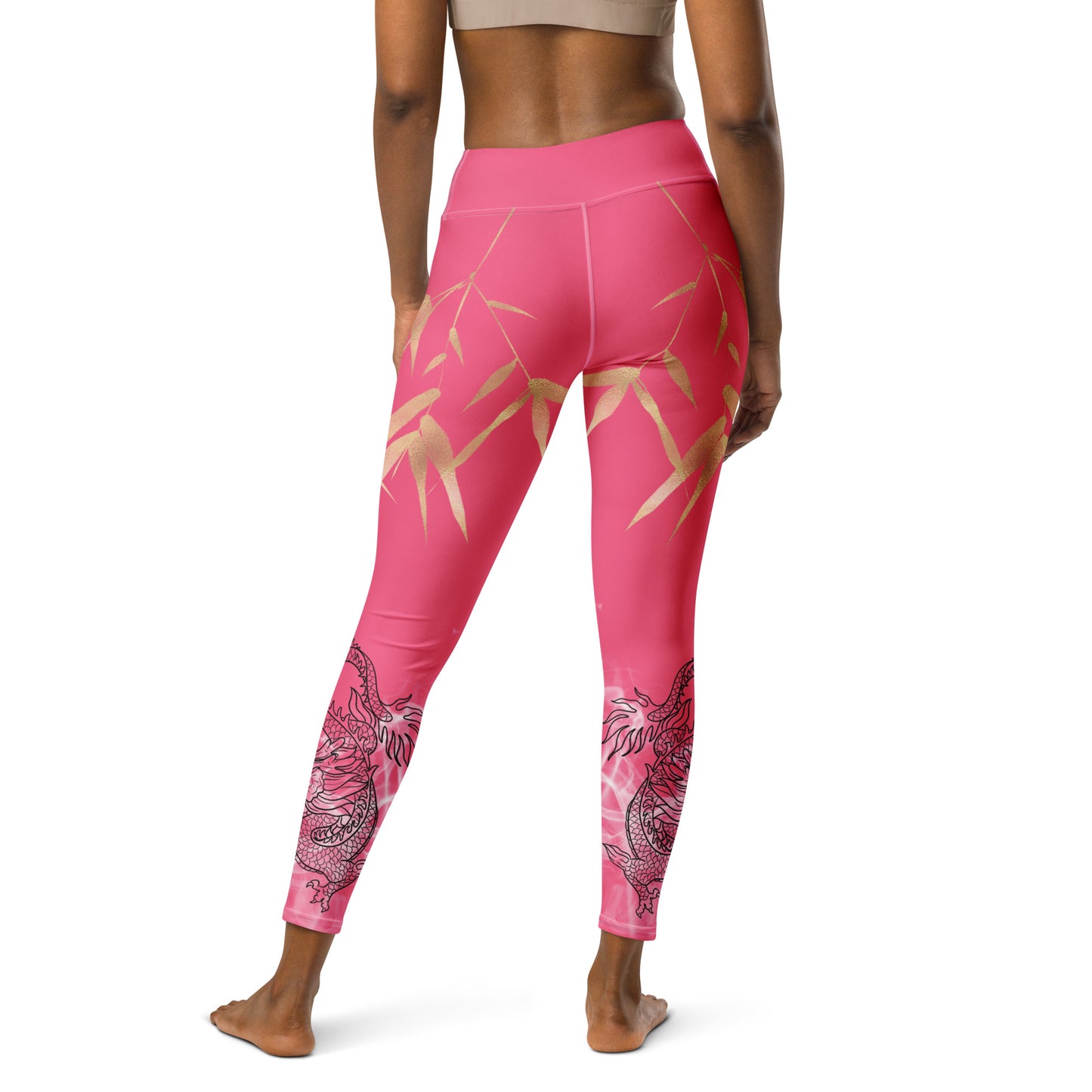 Yoga Leggings - Dragon, White Smoke, Gold Leaf, Brink Pink Background