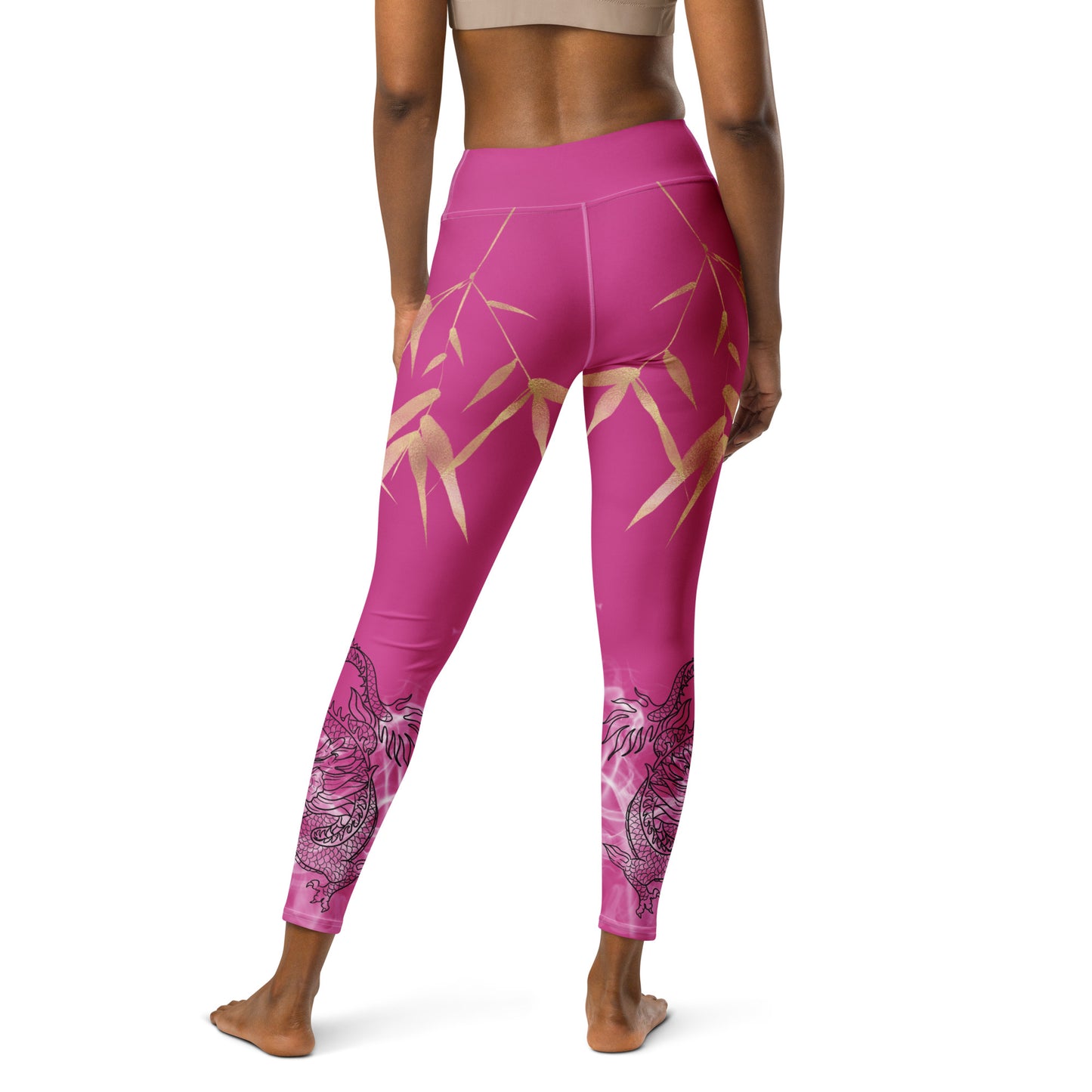 Yoga Leggings - Dragon, White Smoke, Gold Leaf, Deep Cerise Pink Purple Background