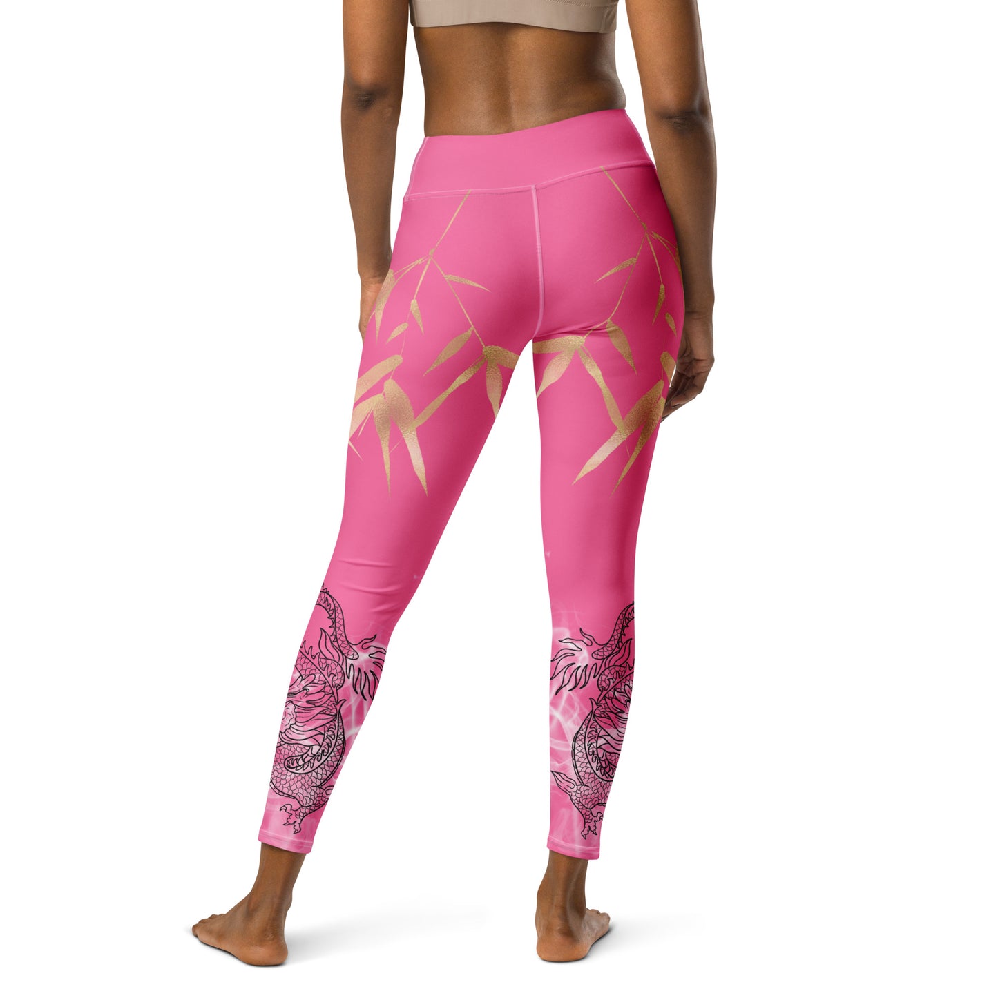 Yoga Leggings - Dragon, White Smoke, Gold Leaf, Brilliant Rose Background