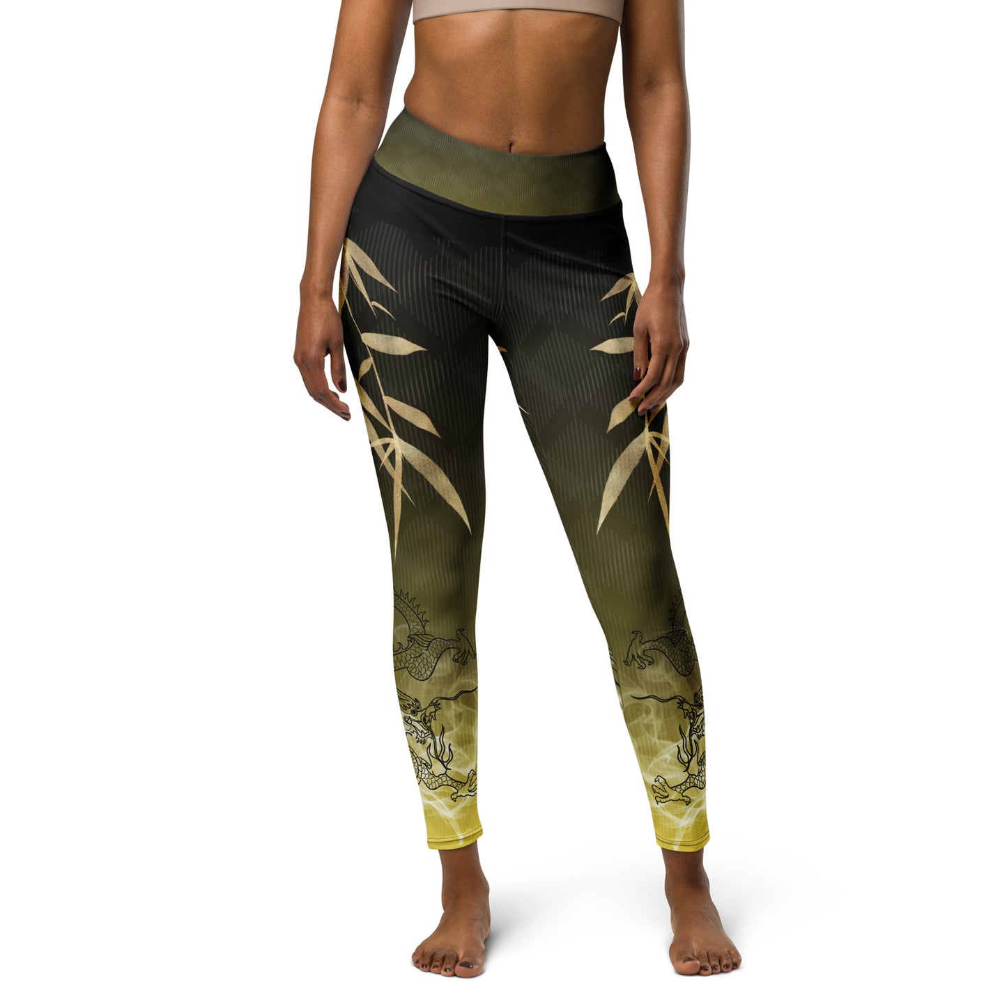 Yoga Leggings - Dragon, White Smoke, Gold Leaf, Gradient 2 Background