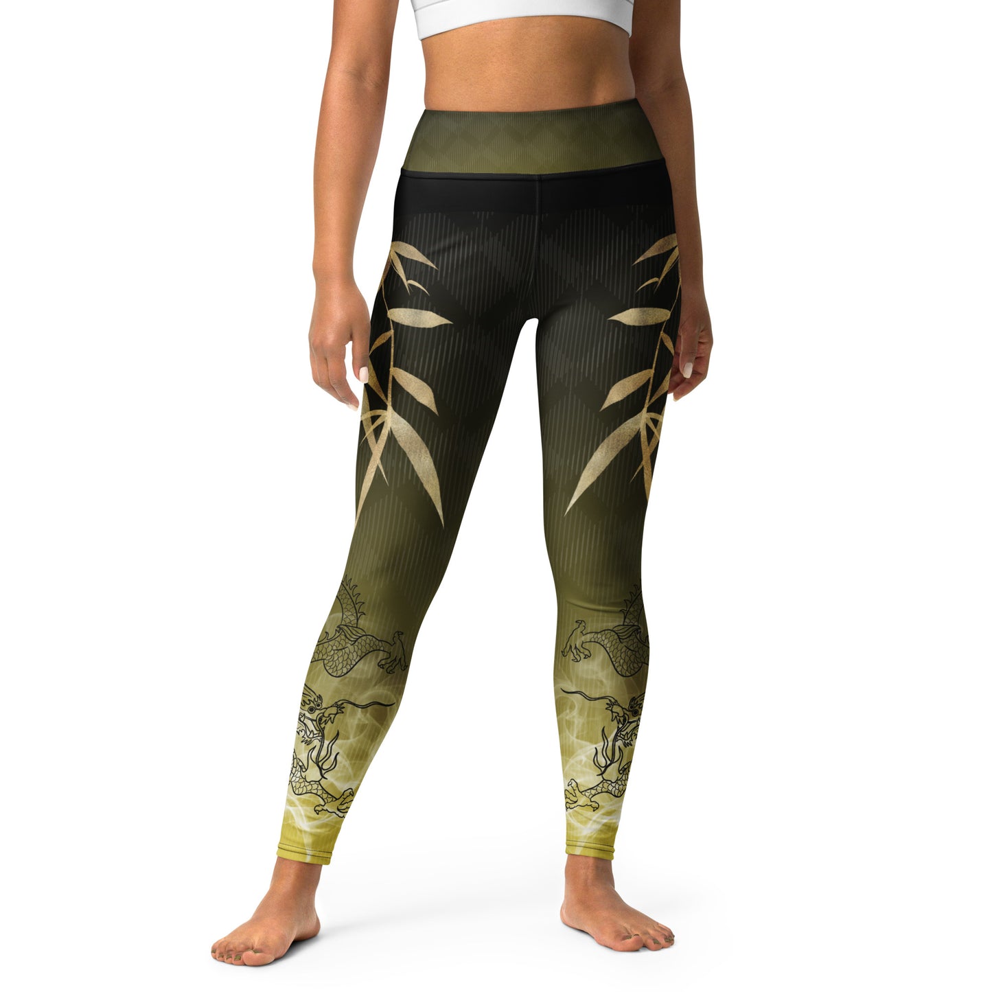 Yoga Leggings - Dragon, White Smoke, Gold Leaf, Gradient 2 Background