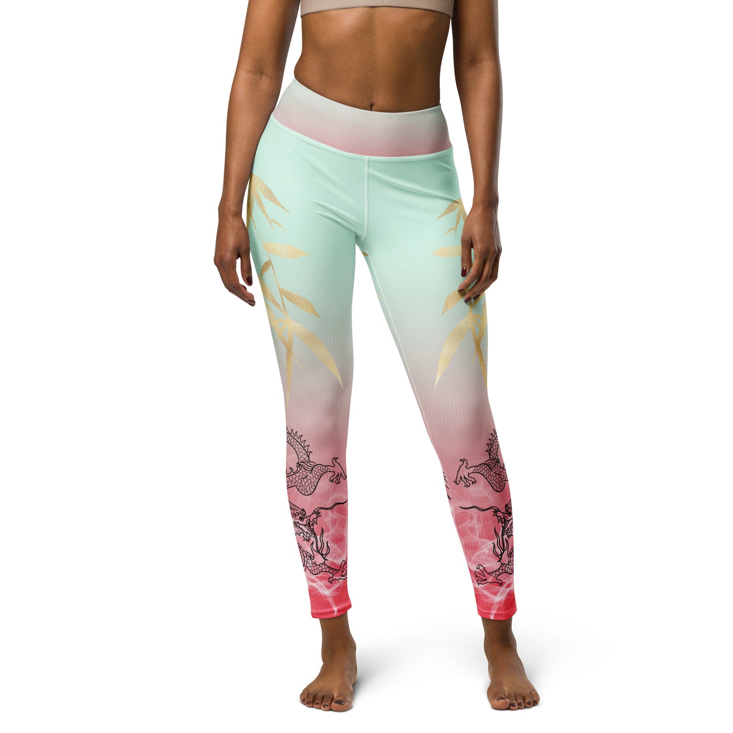 Yoga Leggings - Dragon, White Smoke, Gold Leaf, Gradient 3 Background