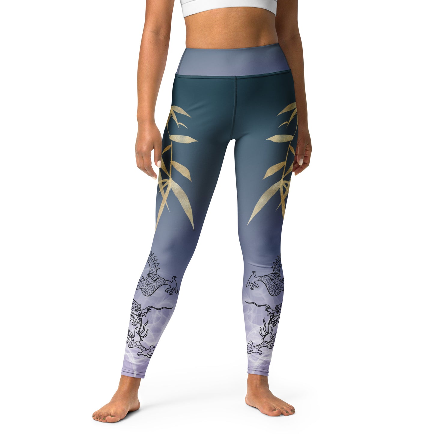 Yoga Leggings - Dragon, White Smoke, Gold Leaf, Gradient 4 Background