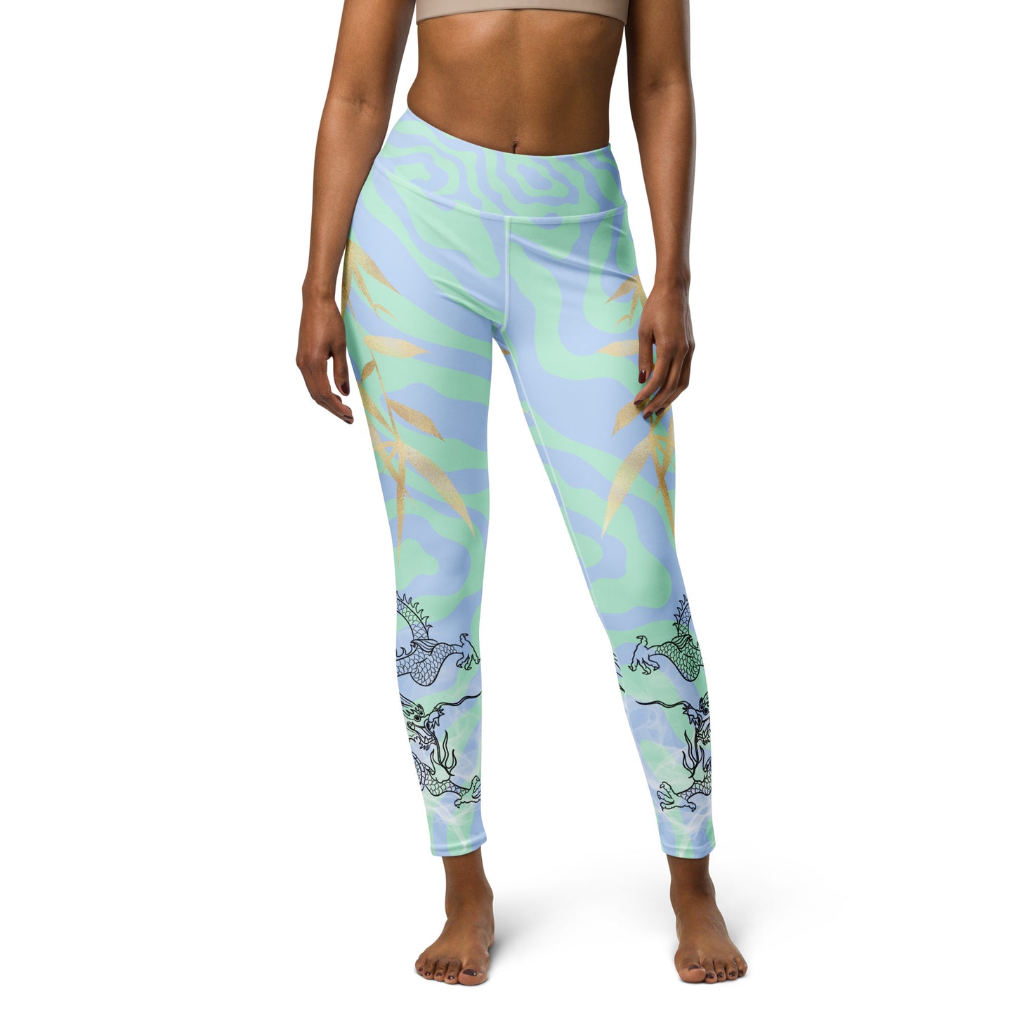 Yoga Leggings - Dragon, White Smoke, Gold Leaf, Green and Blue Swirl Background