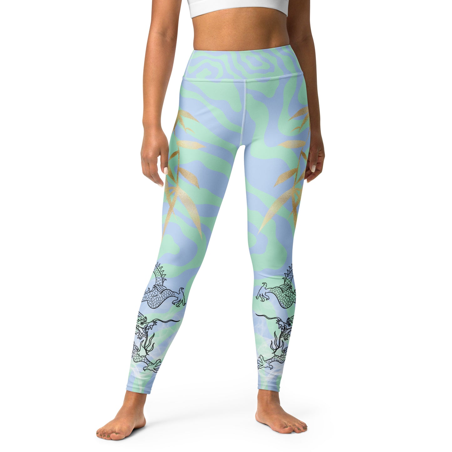 Yoga Leggings - Dragon, White Smoke, Gold Leaf, Green and Blue Swirl Background